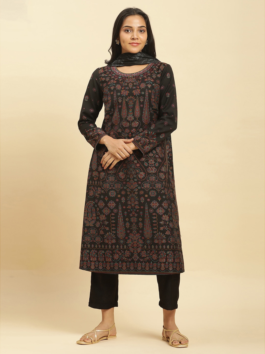 

W Paisley Printed Straight Kurta with Trouser & Dupatta, Black
