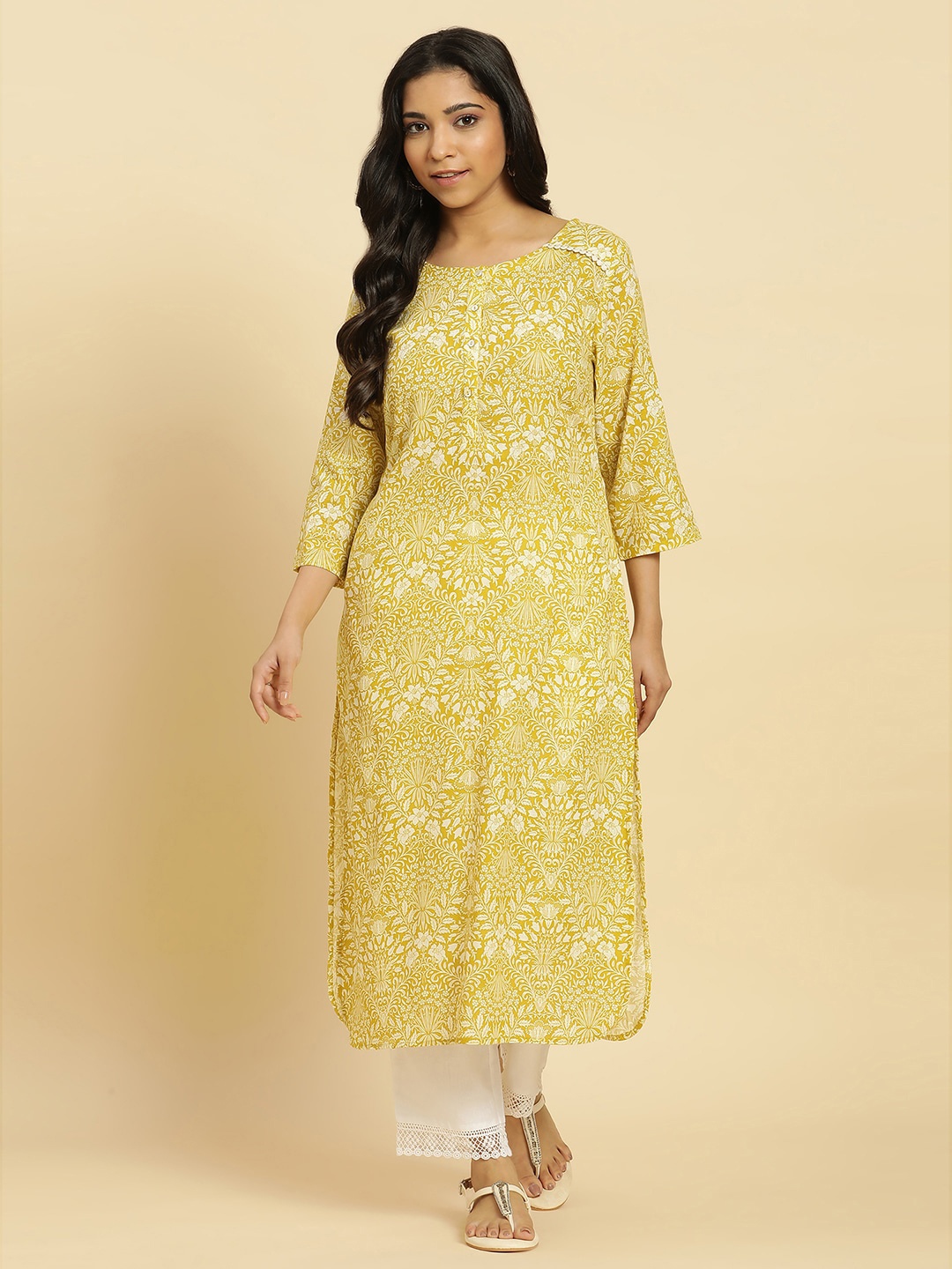 

W Yellow Floral Printed Keyhole Neck Gotta Patti Cotton A-Line Kurta