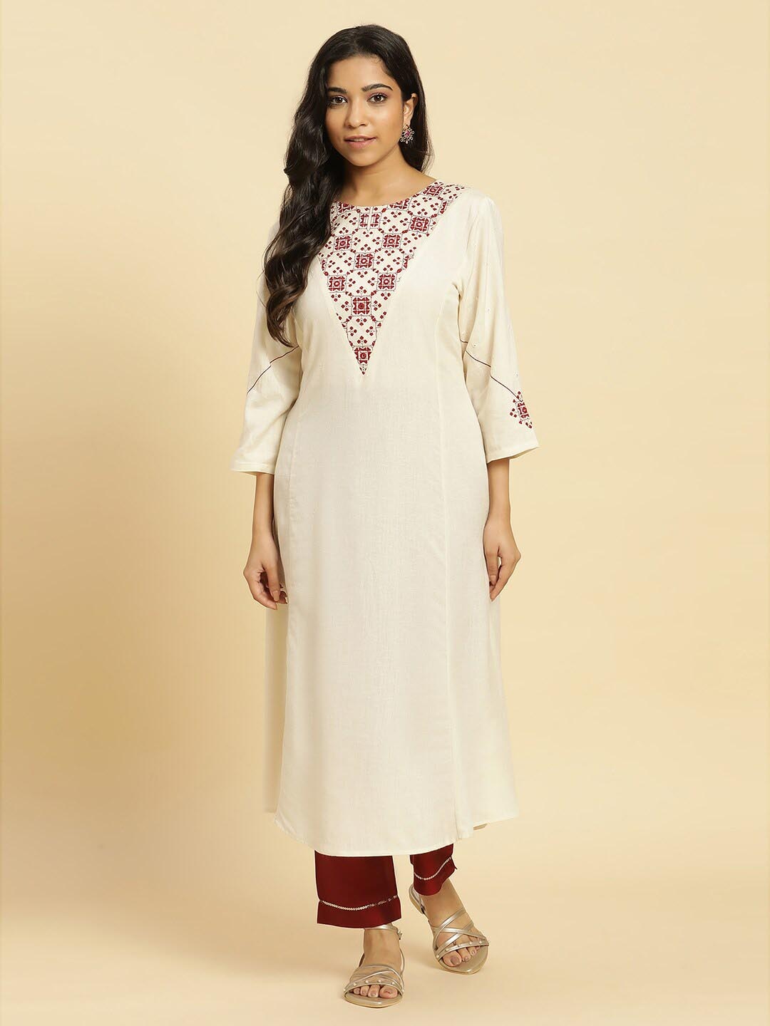 

W Mirror Work Round Neck Anarkali Kurta, Cream
