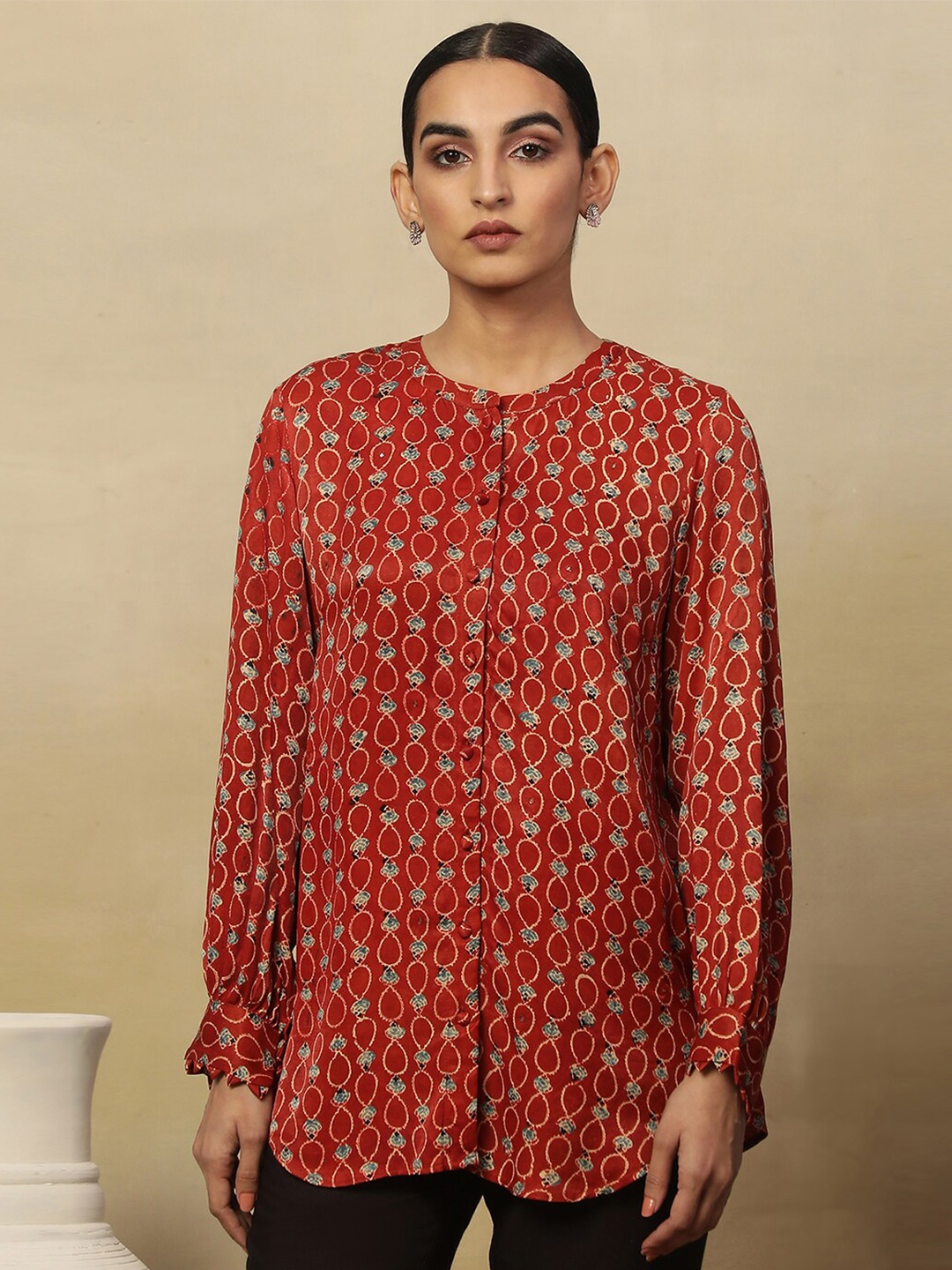 

W Ethnic Motifs Printed Round Neck Long Sleeves Top, Red