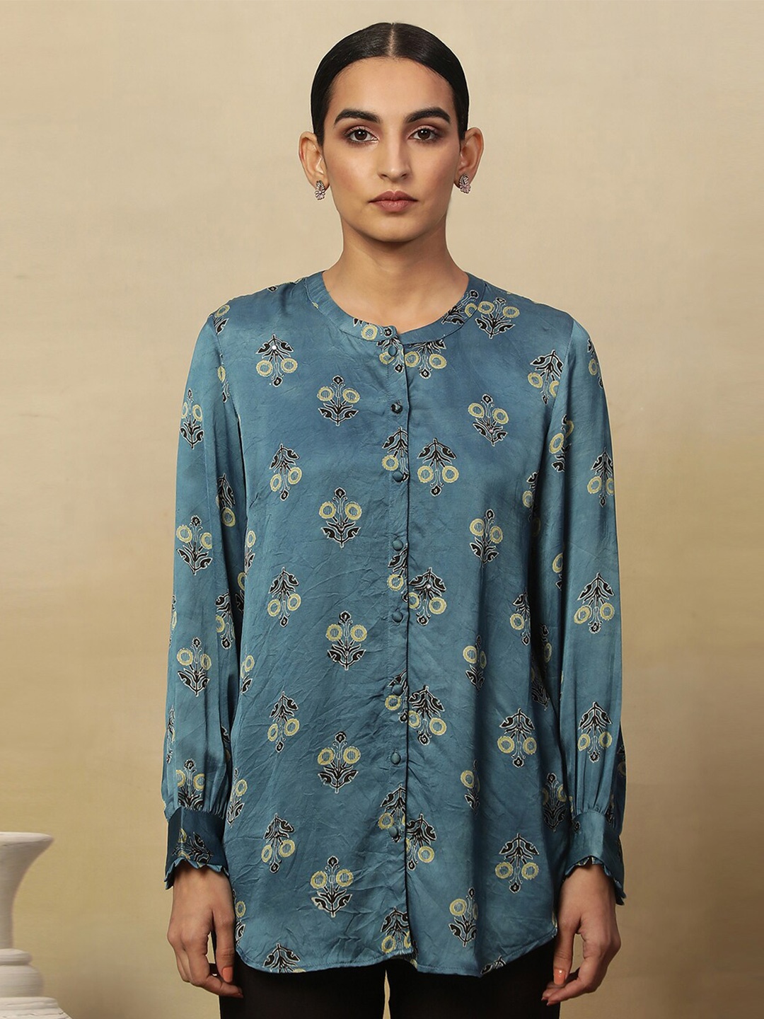 

W Ethnic Motifs Printed Cotton Round Neck Long Sleeves Top, Blue