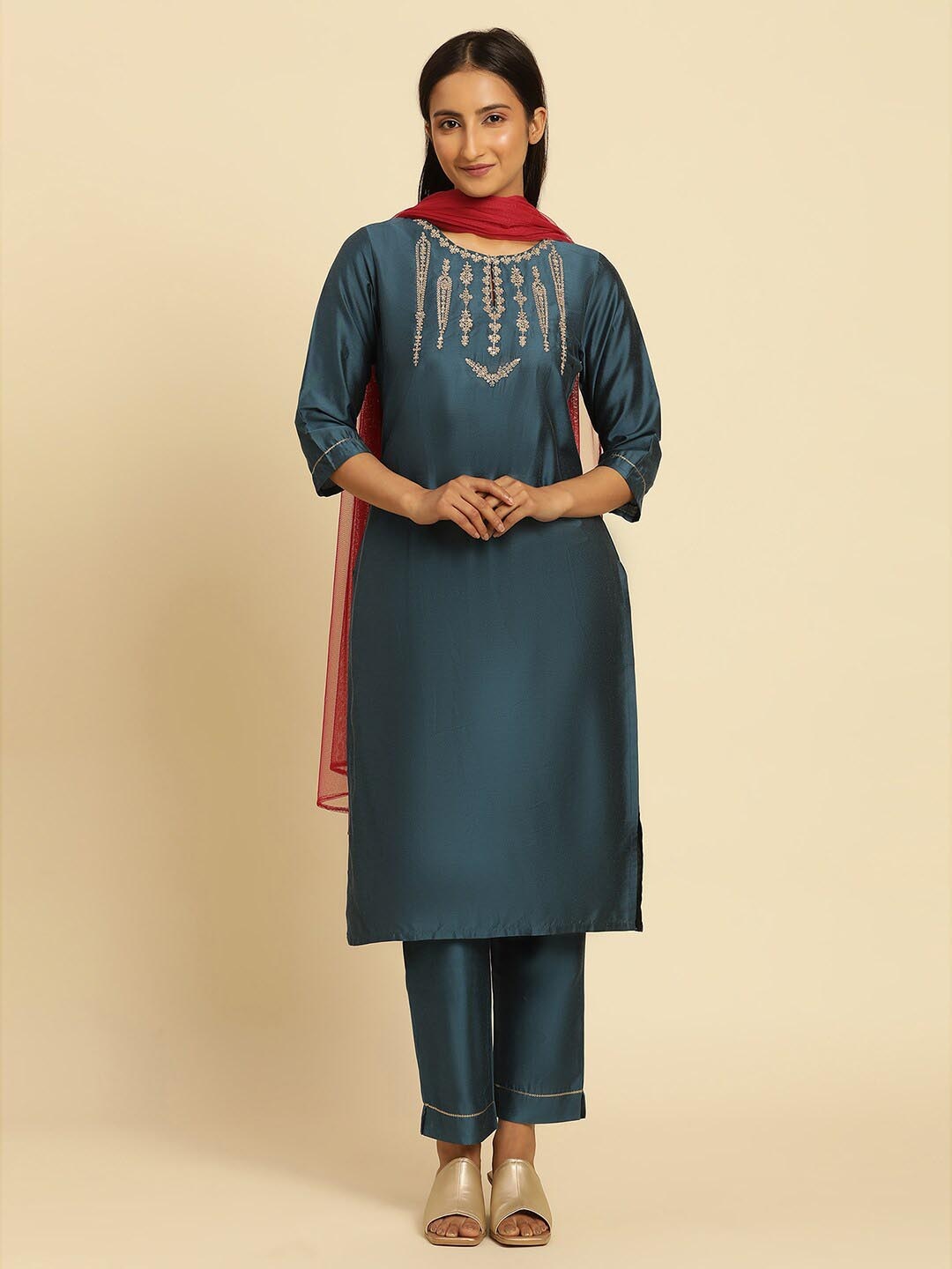 

W Embroidered Straight Kurta with Trouser & Dupatta, Blue