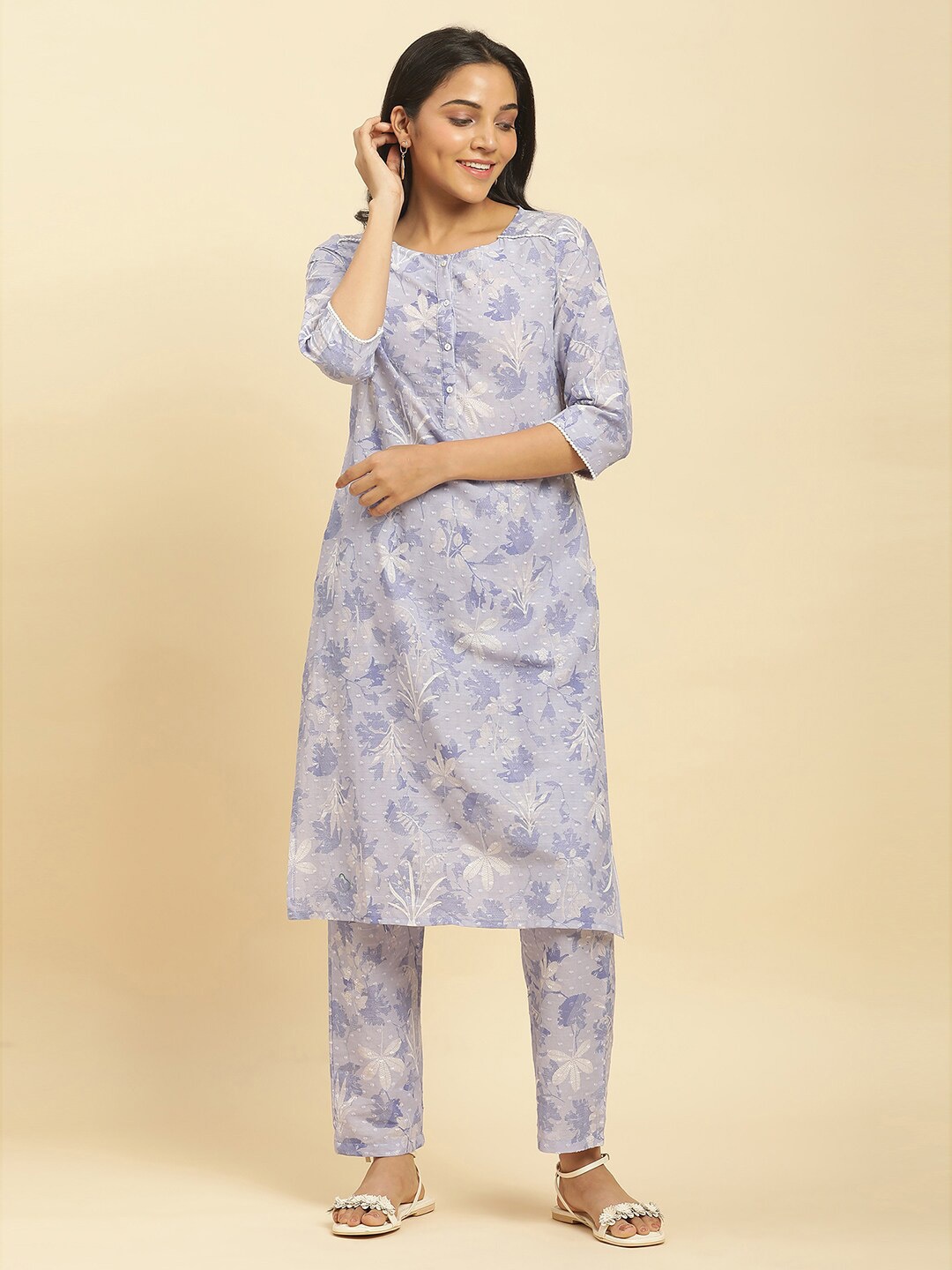 

W Floral Printed Straight Pure Cotton Kurta with Trouser, Purple