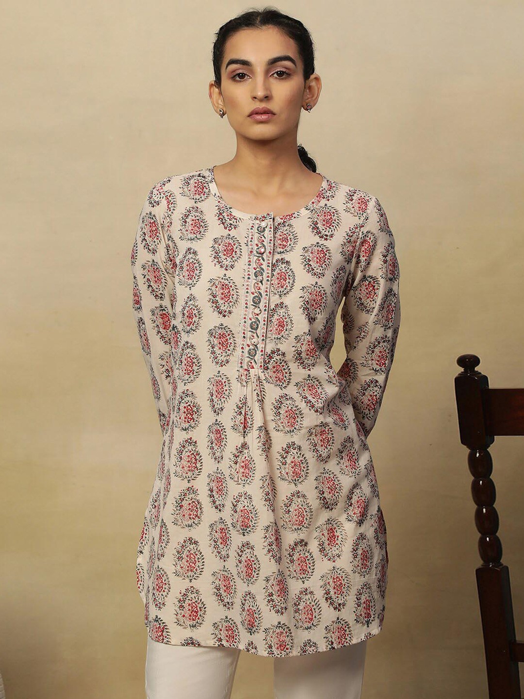 

W Ethnic Motifs Printed Cotton Round Neck Long Sleeves Top, White