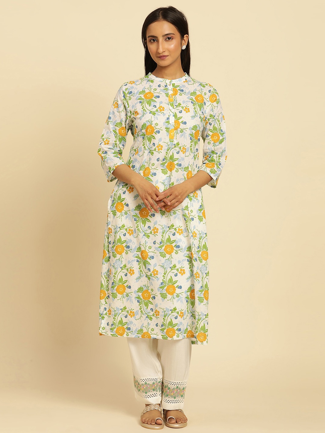 

W Floral Printed Mandarin Collar Straight Kurta, White