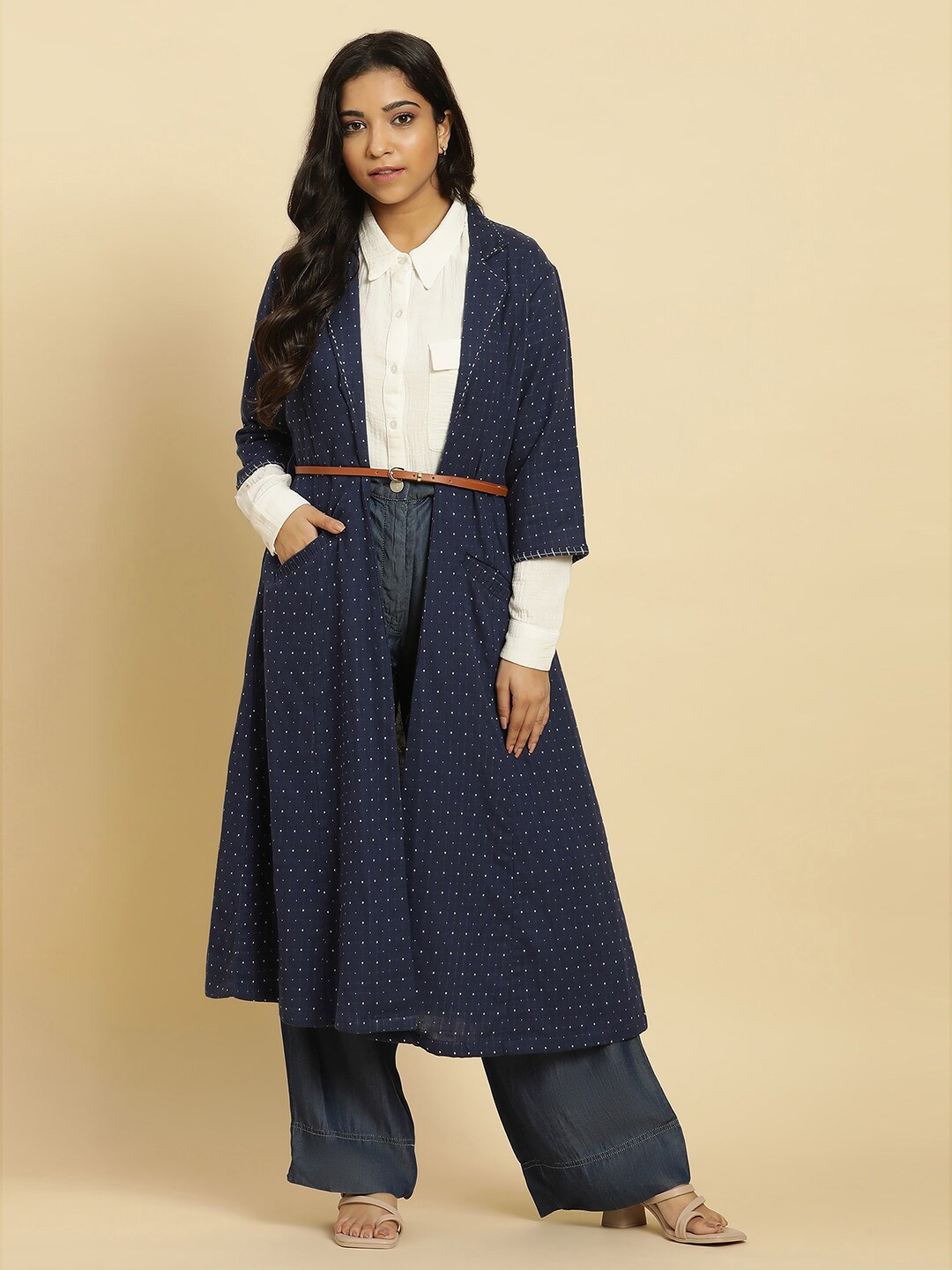 

W Geometric Printed Lapel Collar Longline Open Front Jacket, Blue