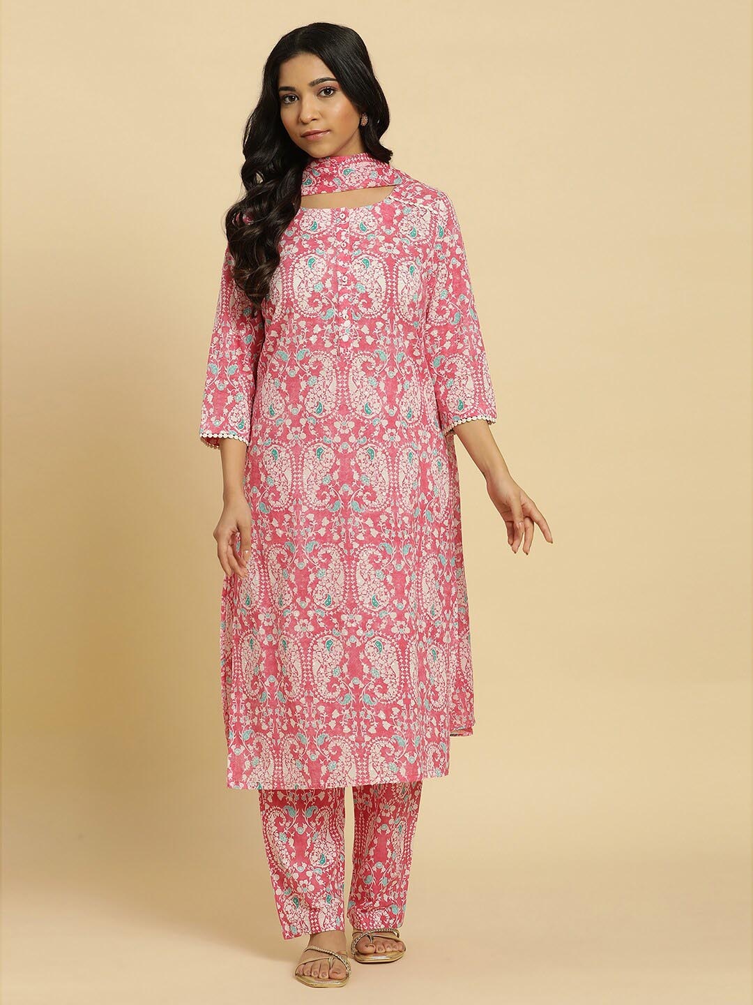 

W Paisley Printed Pure Cotton Straight Kurta with Trouser & Dupatta, Pink