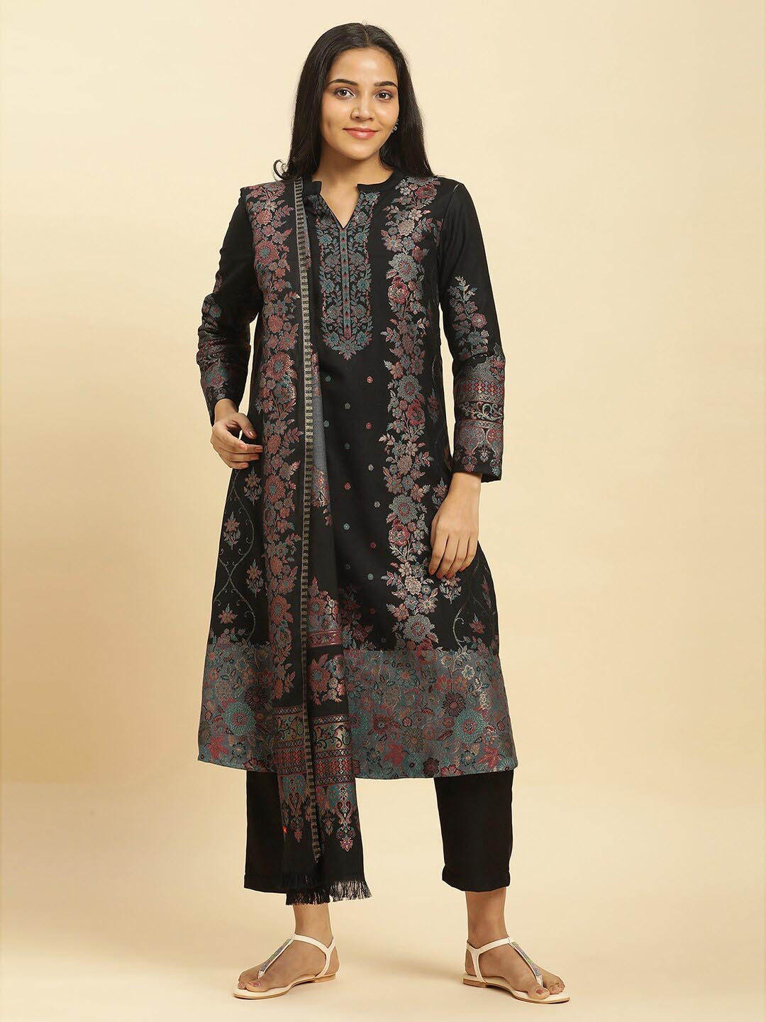 

W Floral Printed Straight Kurta with Trouser & Dupatta, Black