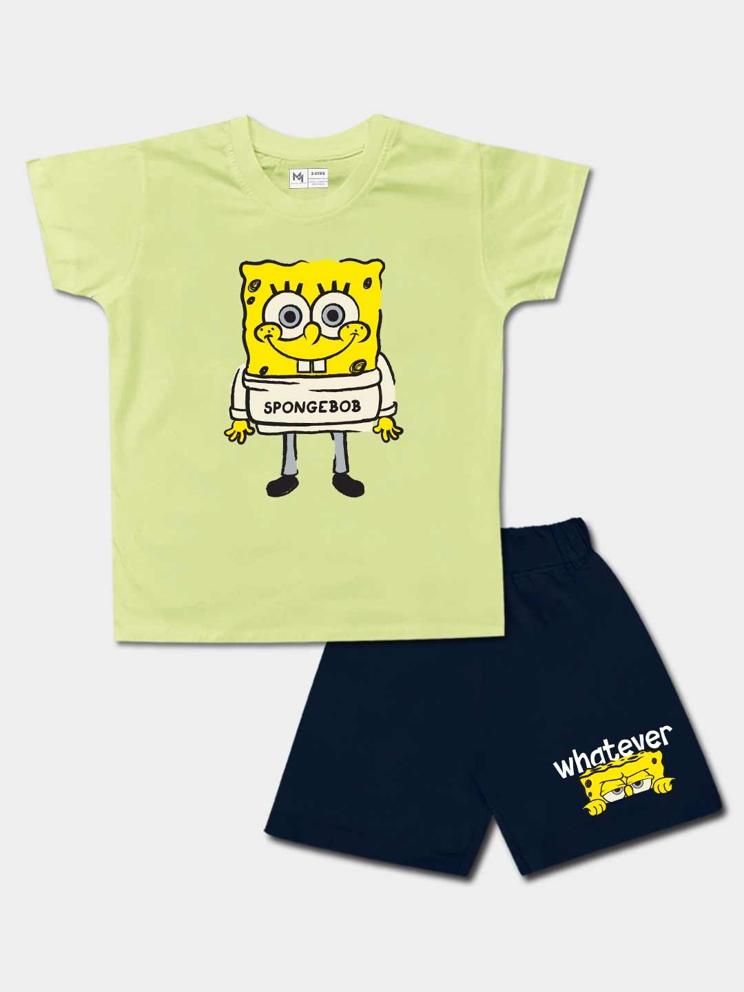 

Minute Mirth Infant Boys Spongebob Printed Pure Cotton T-shirt with Shorts, Green
