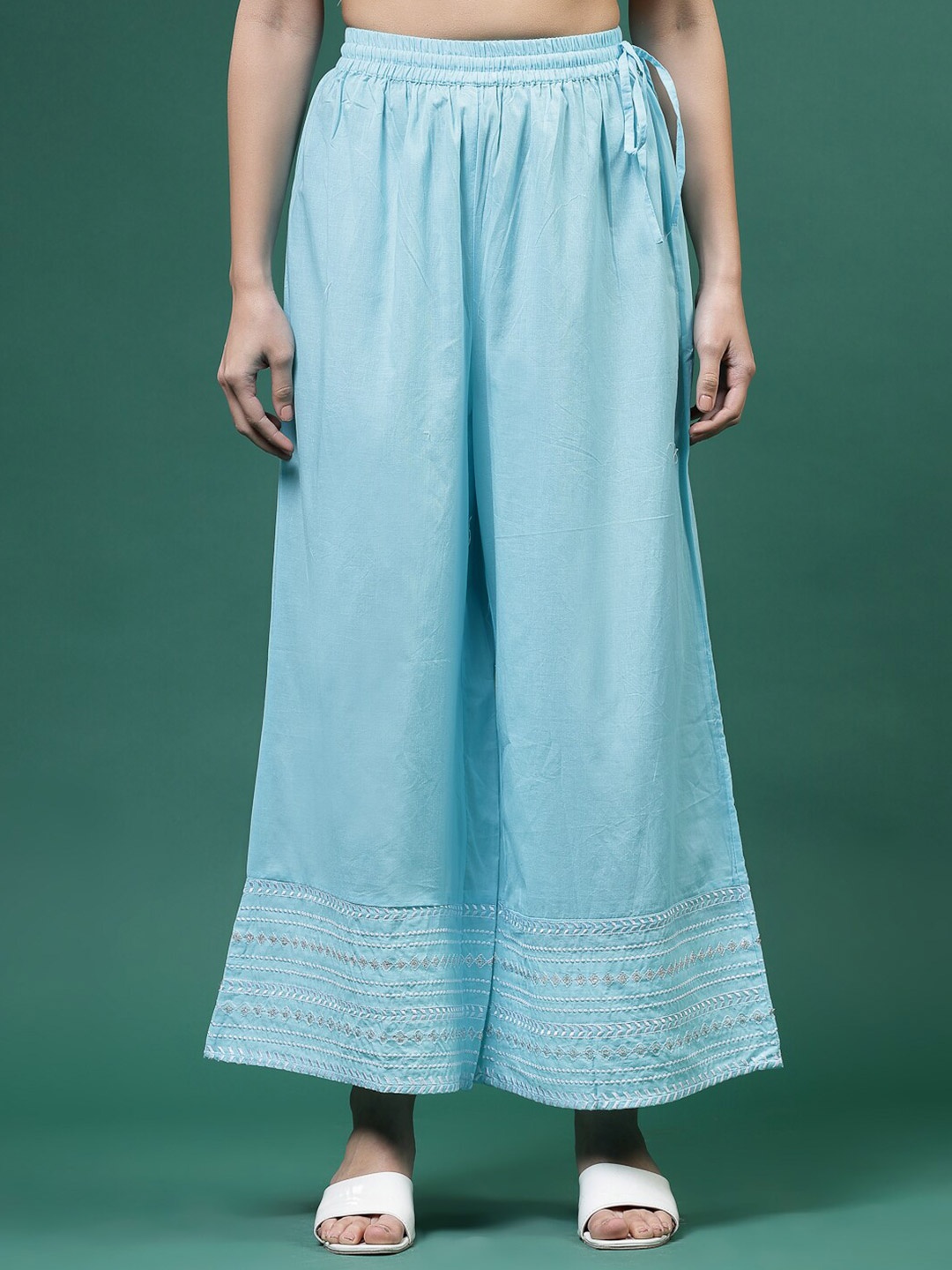

Sangria Embroidered Cotton Mid-Rise Palazzos, Turquoise blue