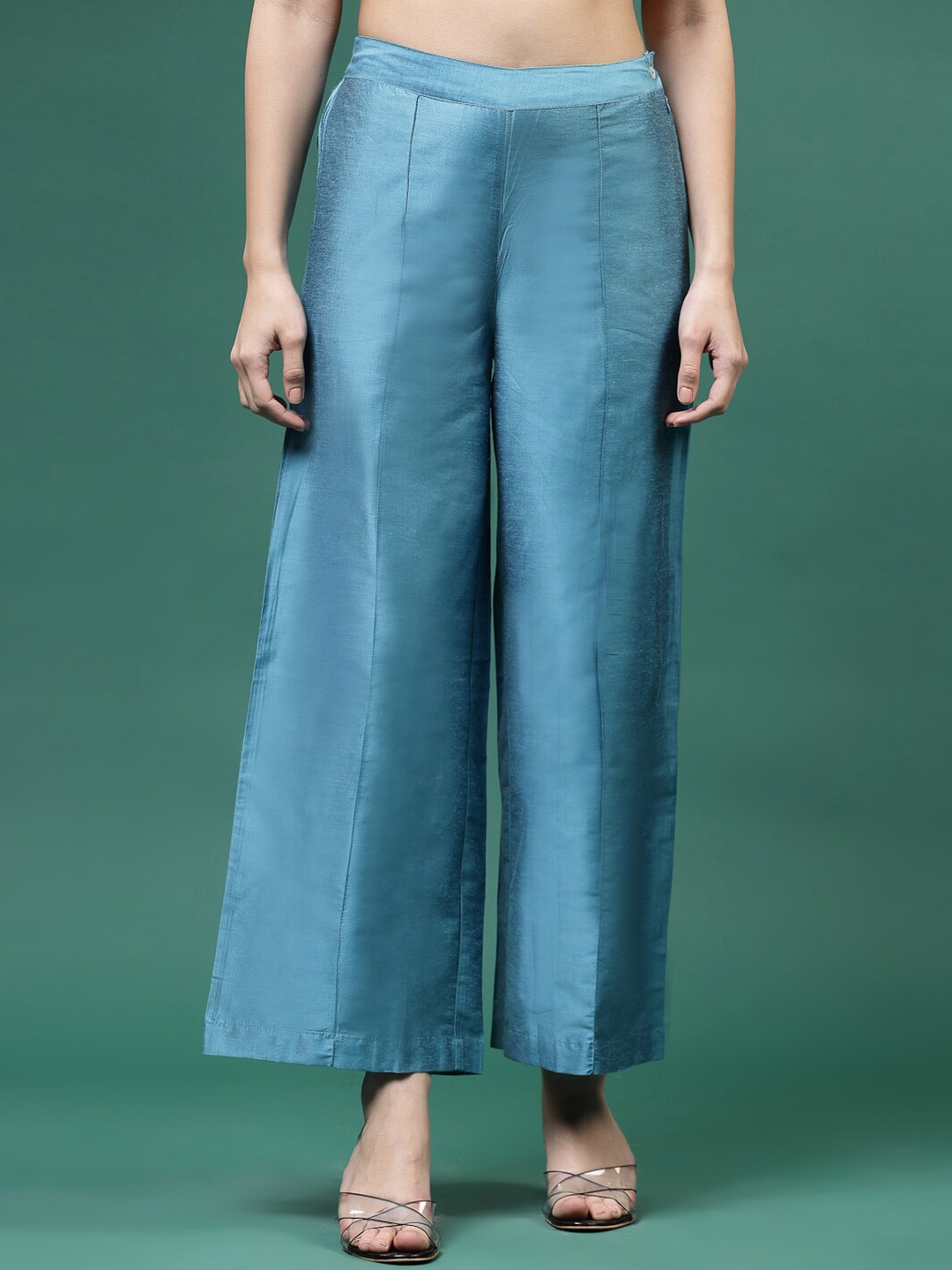 

Sangria Mid-Rise Zip-Up Straight Palazzo, Turquoise blue