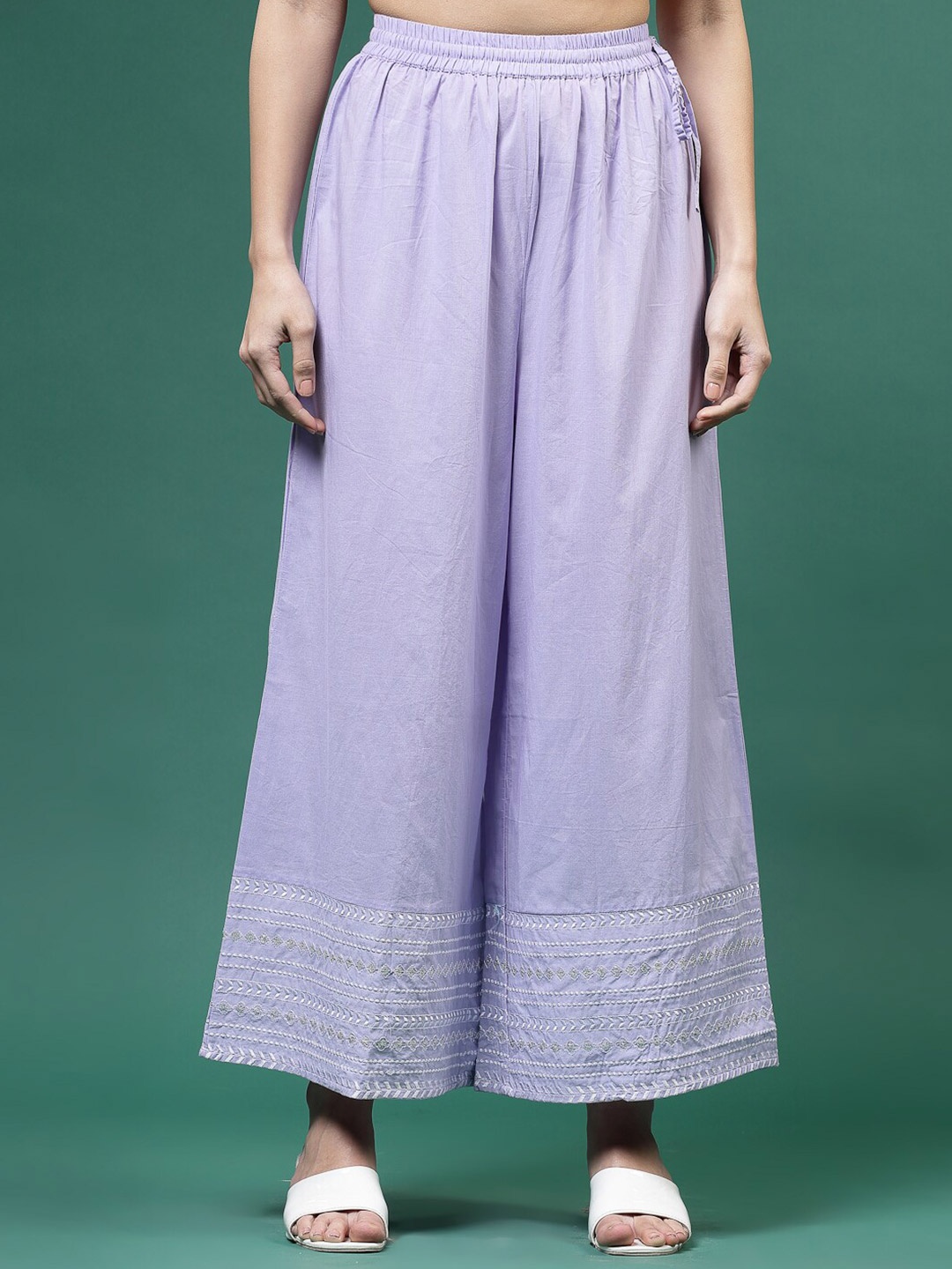 

Sangria Embroidered Cotton Mid-Rise Palazzos, Lavender