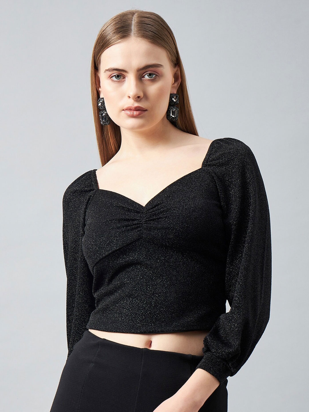 

DELAN Sweetheart Neck Puff Sleeve Crop Top, Black