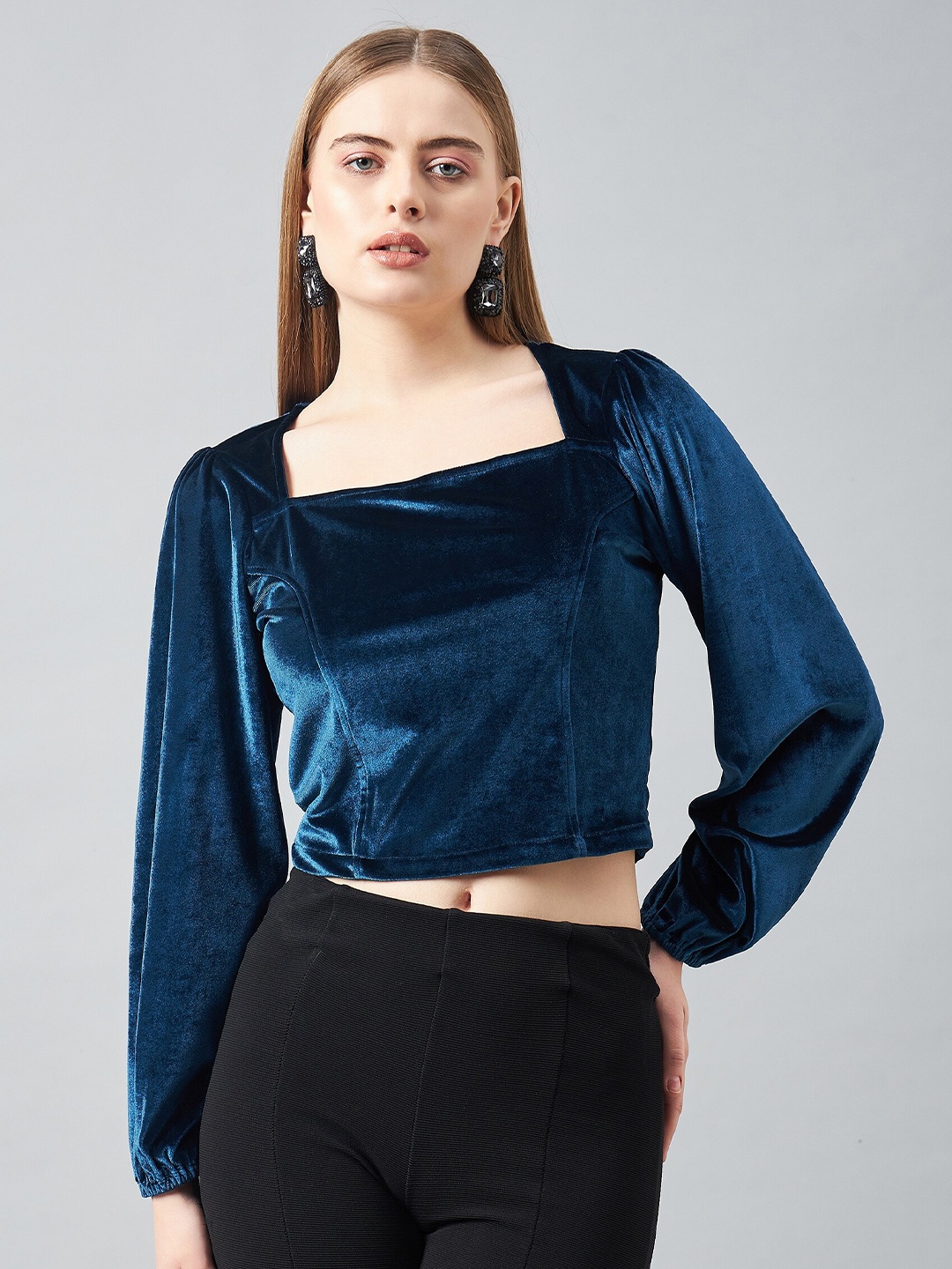 

DELAN Puff Sleeve Velvet Blouson Crop Top, Blue