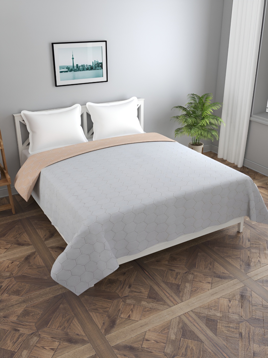 

MORADO Grey & Peach Printed Cotton Double Queen Duvet Cover With Pillow Covers
