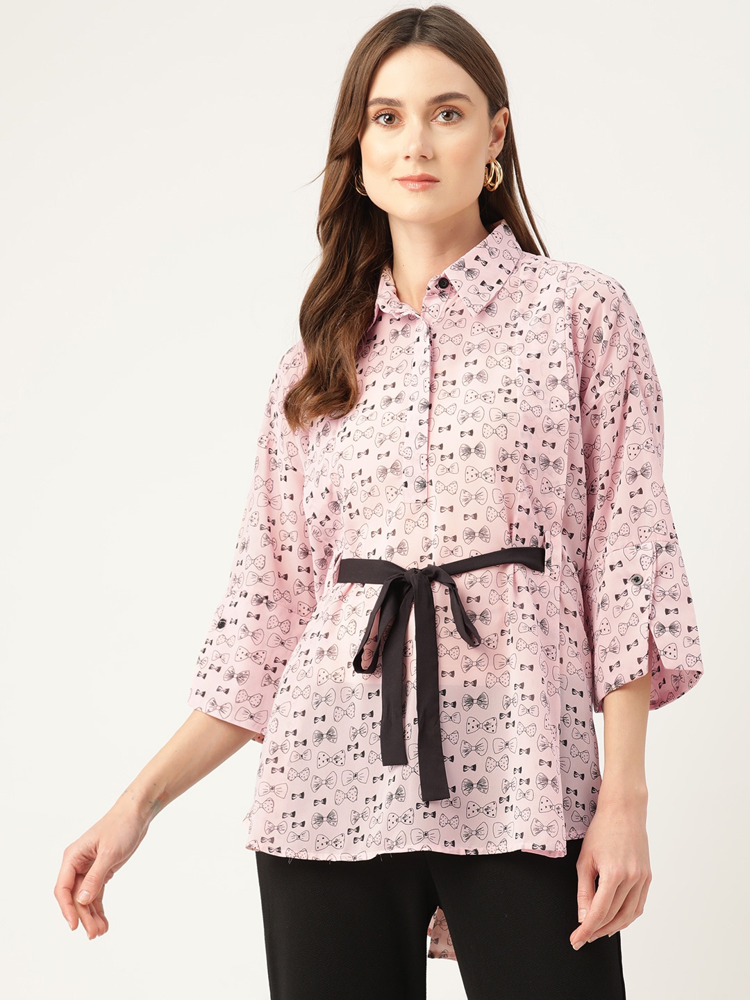 

Rue Collection Print Georgette Shirt Style Longline Top with Waist Tie-Ups, Pink