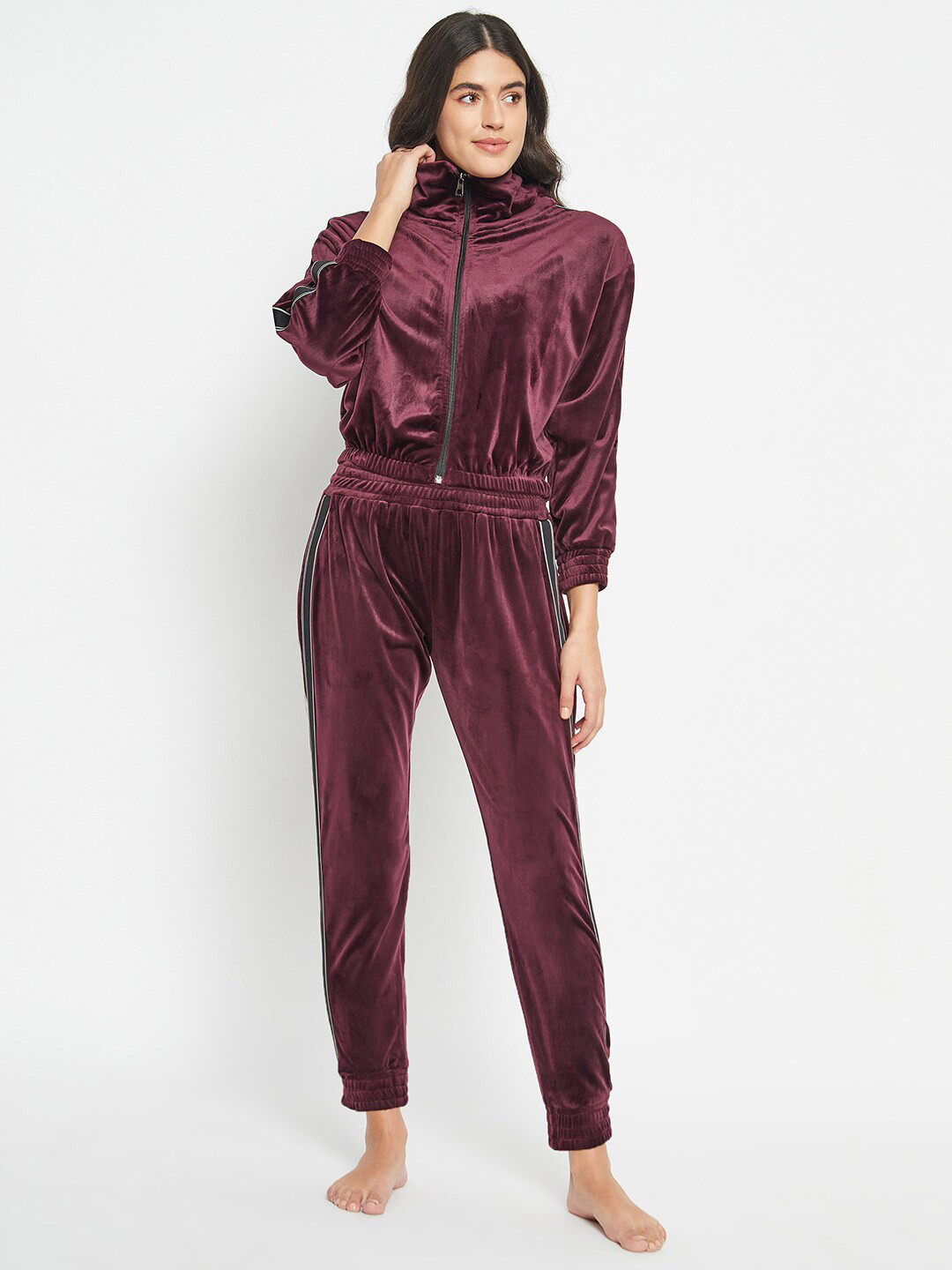 

Camey Mock Collar Long Sleeves Velvet Night suit, Purple