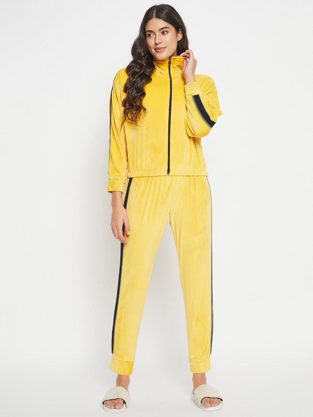 

Camey Mock Collar Long Sleeves Velvet Night suit, Yellow