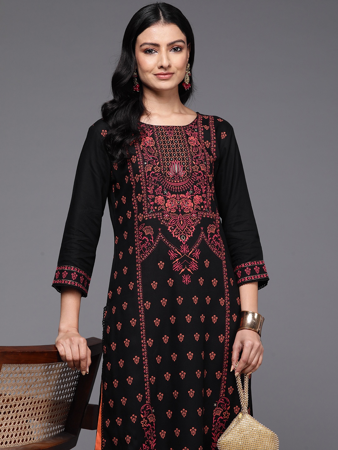 

Indo Era Ethnic Motifs Foil Printed Kurta, Black