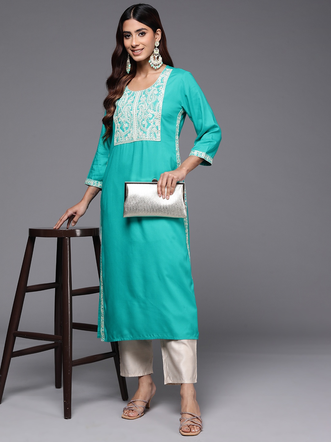 

Indo Era Women Ethnic Motifs Yoke Design Thread Work Kurta, Sea green