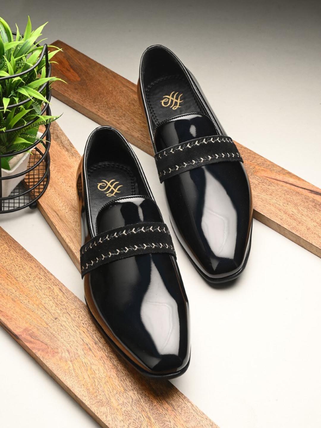

House of Pataudi Men Embroidered Formal Loafer Shoes, Black