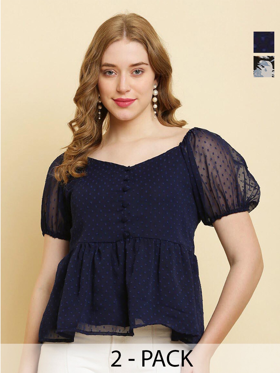 

HERE&NOW Set Of 2 Navy Blue Sweetheart Neck Puff Sleeves Empire Tops