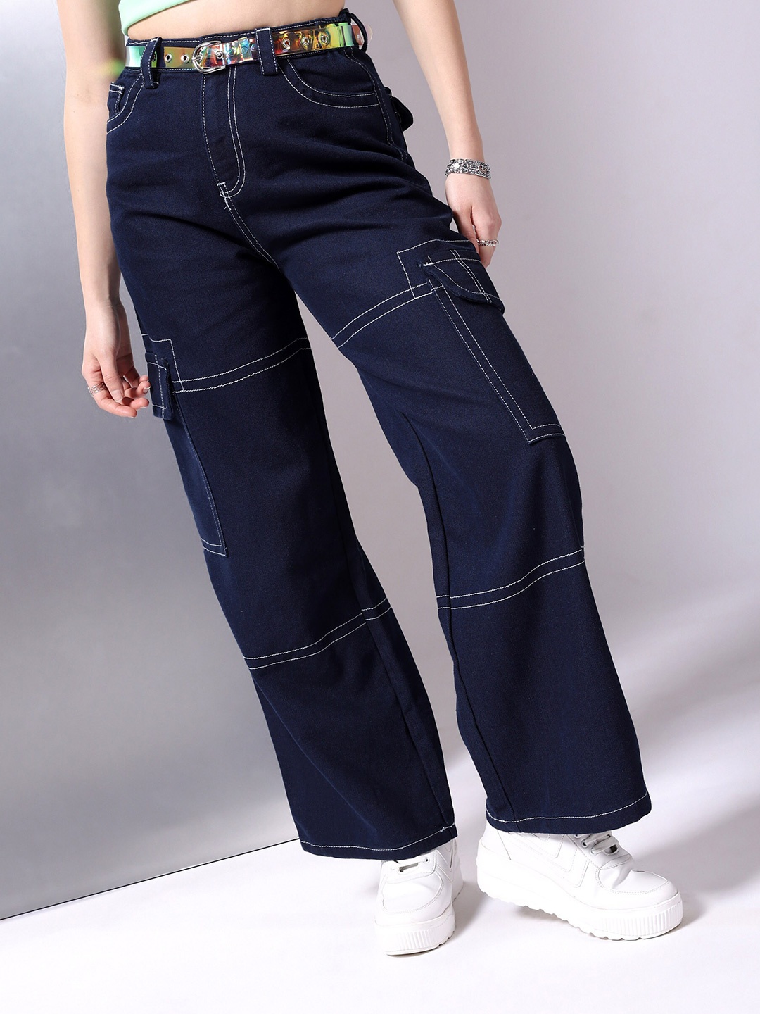 

Freehand by The Indian Garage Co Women Baggy Fit Contrast Stitch Clean Look Cargo Jeans, Blue