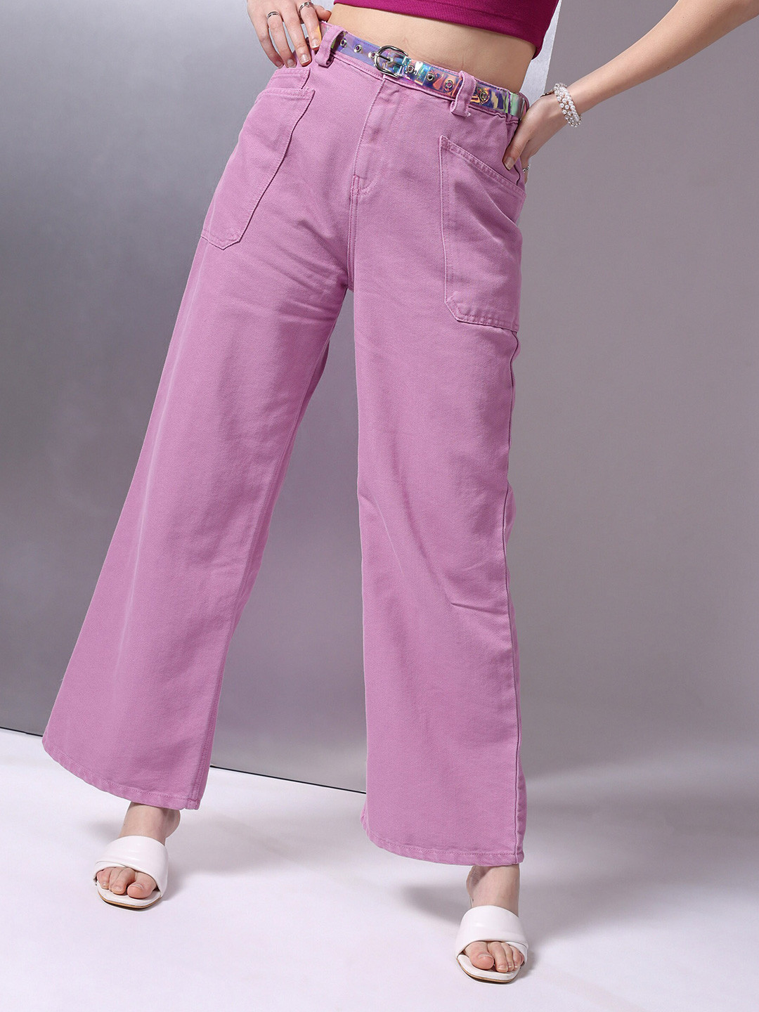 

Freehand by The Indian Garage Co Women Relaxed Fit Clean Look Mid-Rise Jeans, Purple