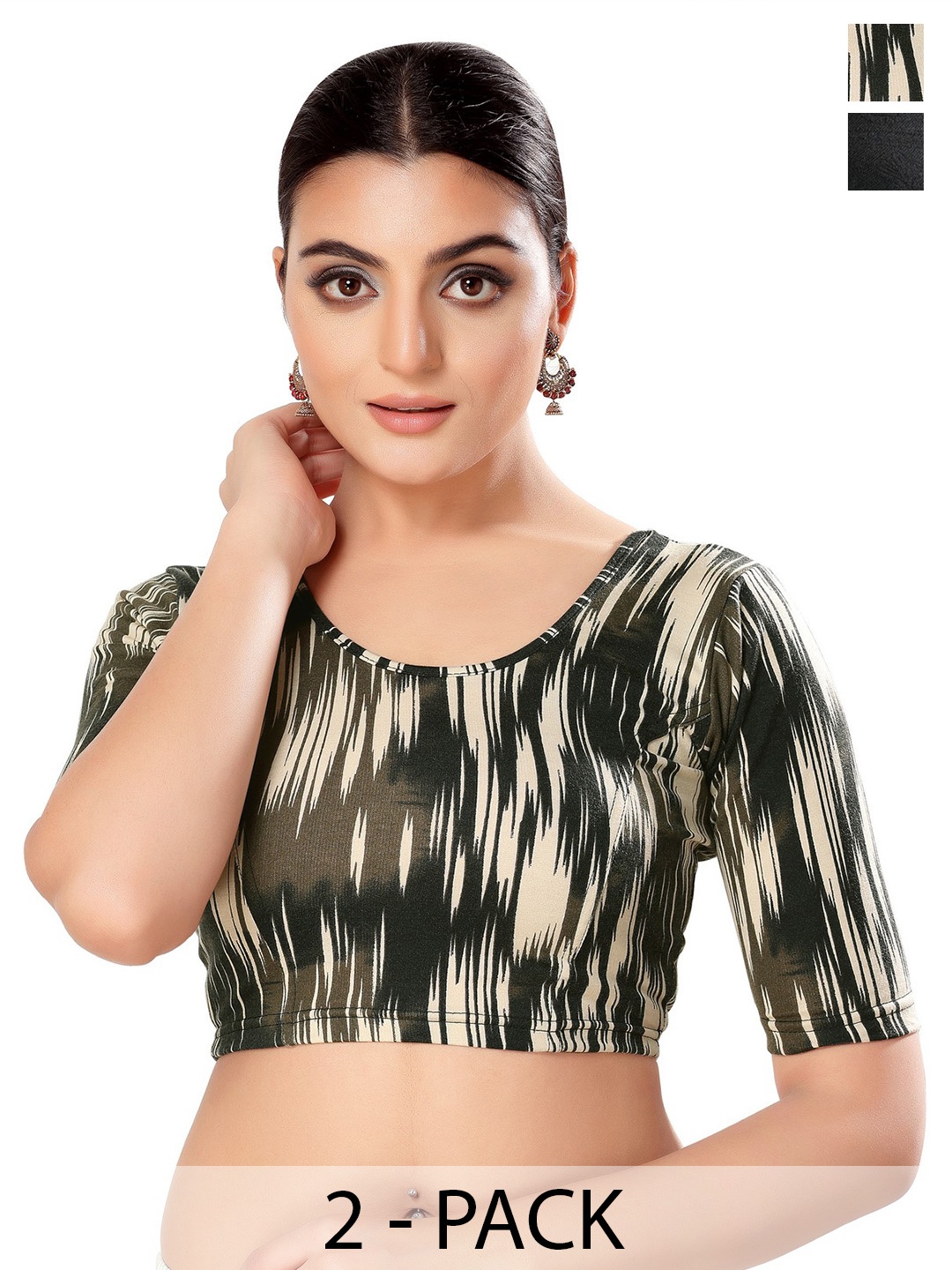 

SALWAR STUDIO Pack Of 2 Printed Slip-On Readymade Saree Blouses, Black