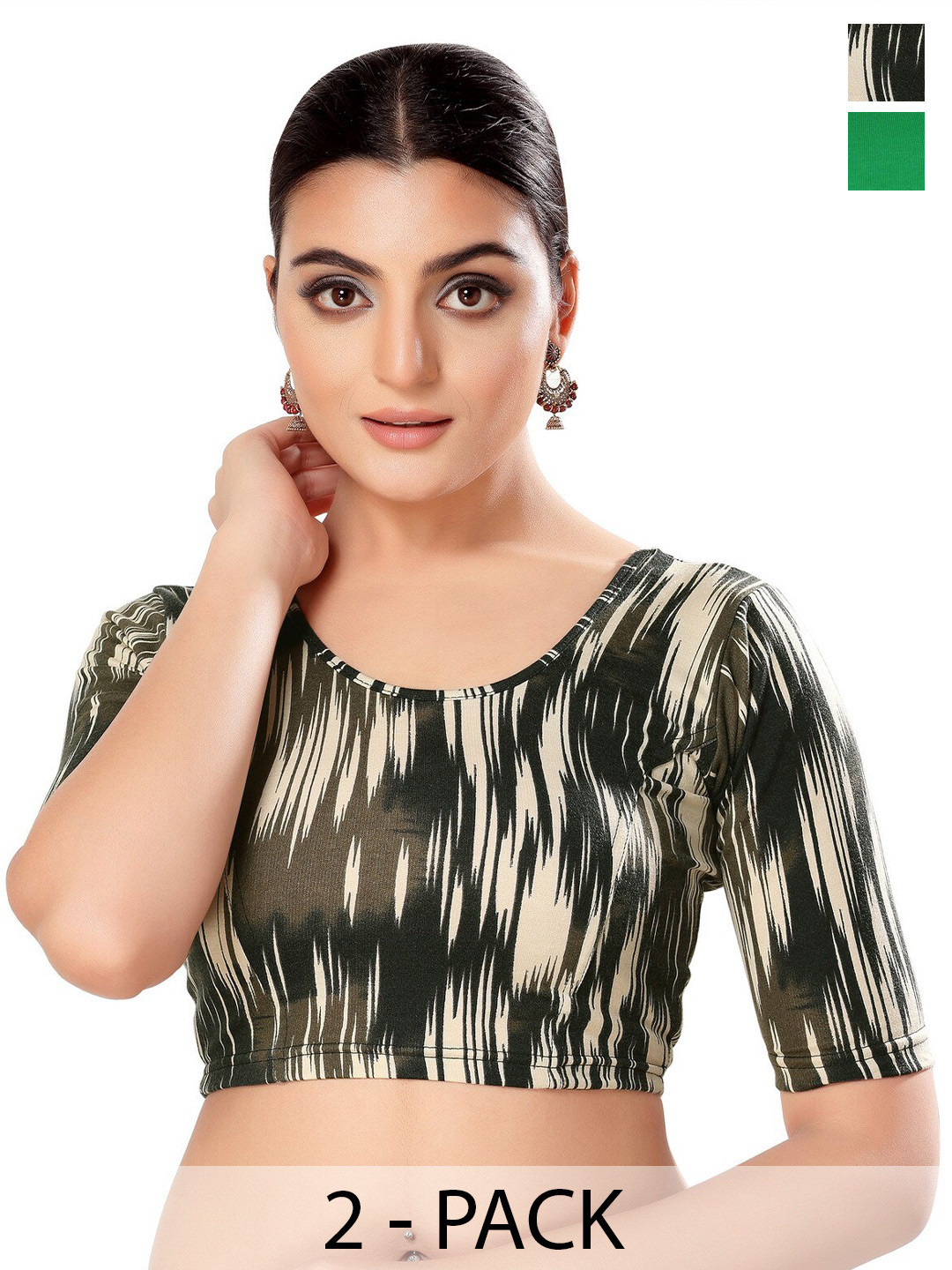 

SALWAR STUDIO Pack Of 2 Printed Round Neck Readymade Saree Blouses, Black