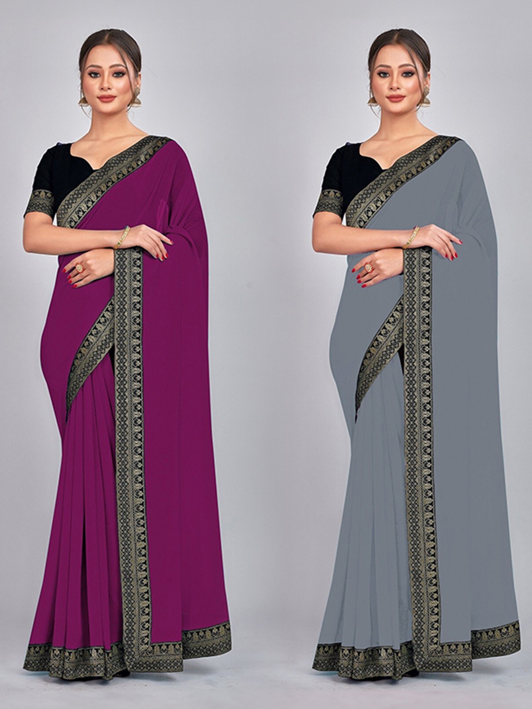 

CastilloFab Selection Of 2 Pure Georgette Saree, Burgundy