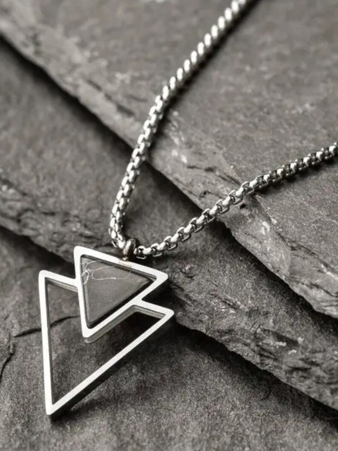 

WROGN Men Stainless Steel Triangular-Shaped Pendant with Chain, Silver