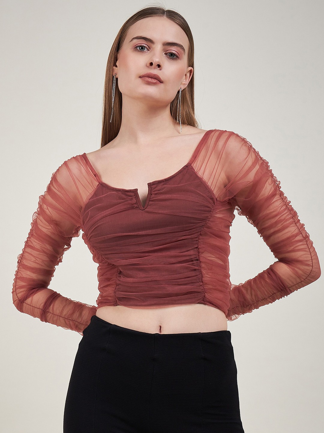 

DELAN Extended Sleeves Net Fitted Crop Top, Brown