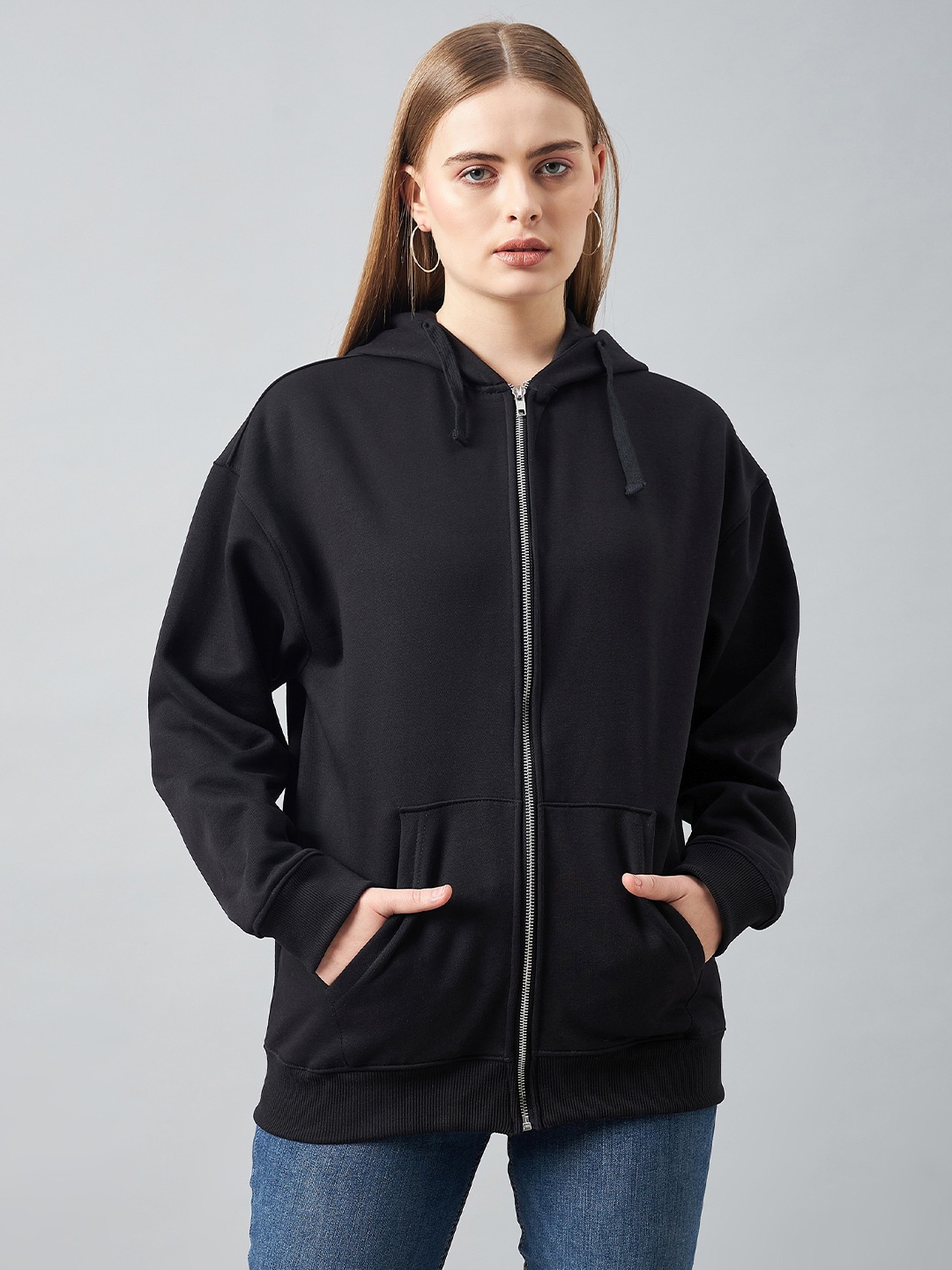 

DELAN Hooded Long Sleeves Fleece Front-Open Sweatshirt, Black