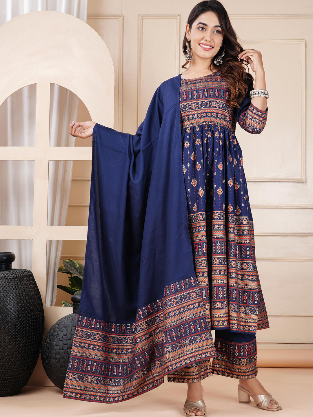 

KALINI Round Neck Ethnic Printed Anarkali Kurta with Palazzos & Dupatta, Blue