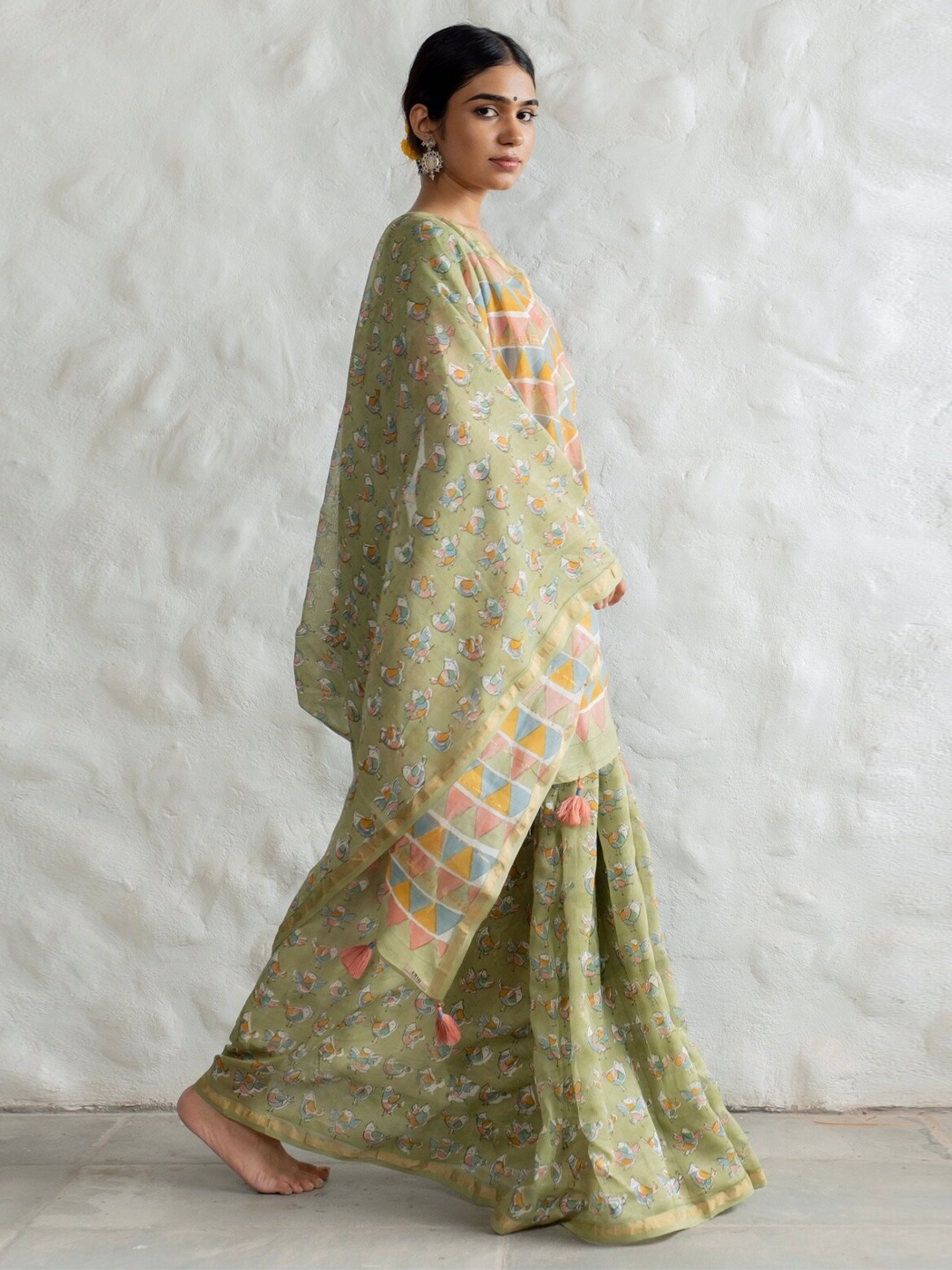 

CHHAPA Kalamkari Printed Block Print Saree, Lime green