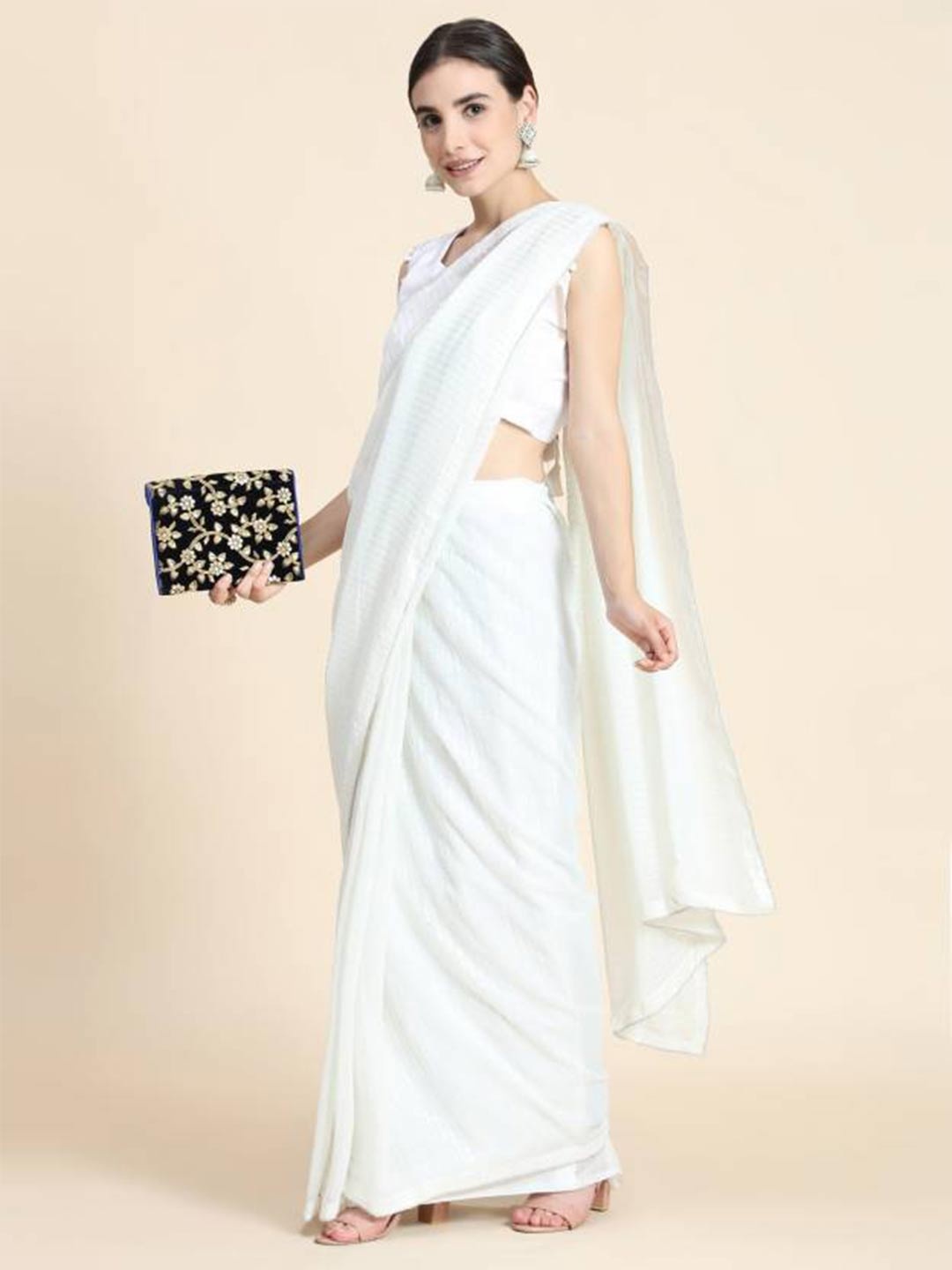 

Thishma Striped Sequinned Saree, White