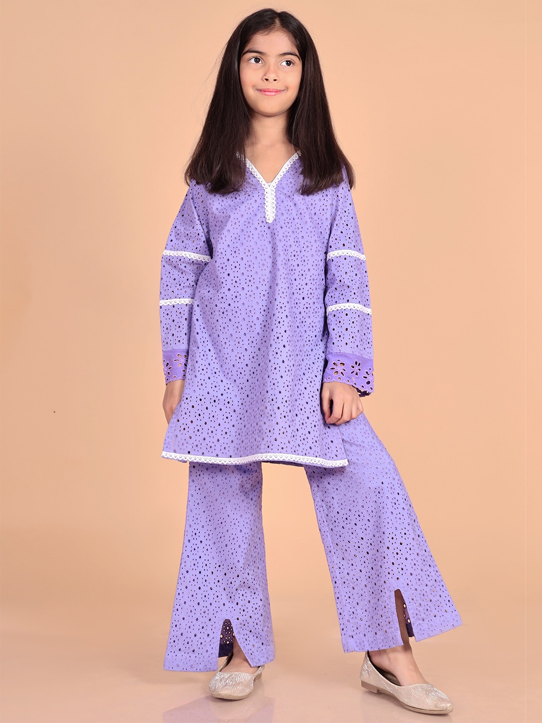 

misbis Girls Self Design Schiffli Pure Cotton Kurti with Palazzos, Purple