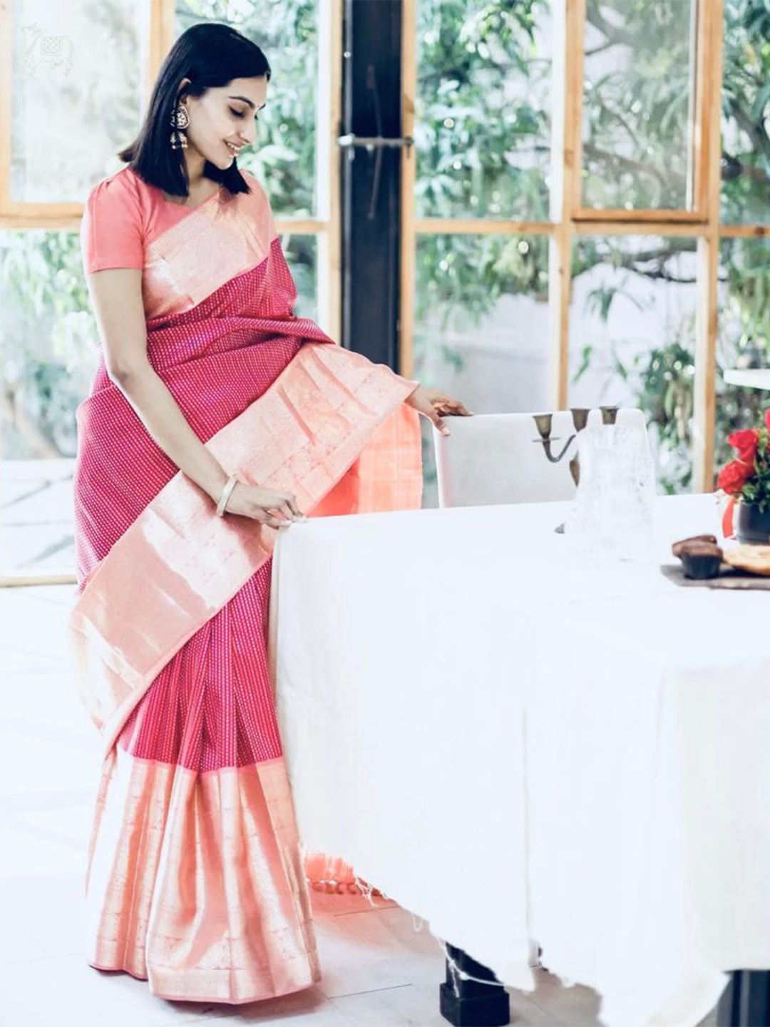 

DIVASTRI Ethnic Motif Woven Design Kanjeevaram Pure Silk Zari Saree, Pink