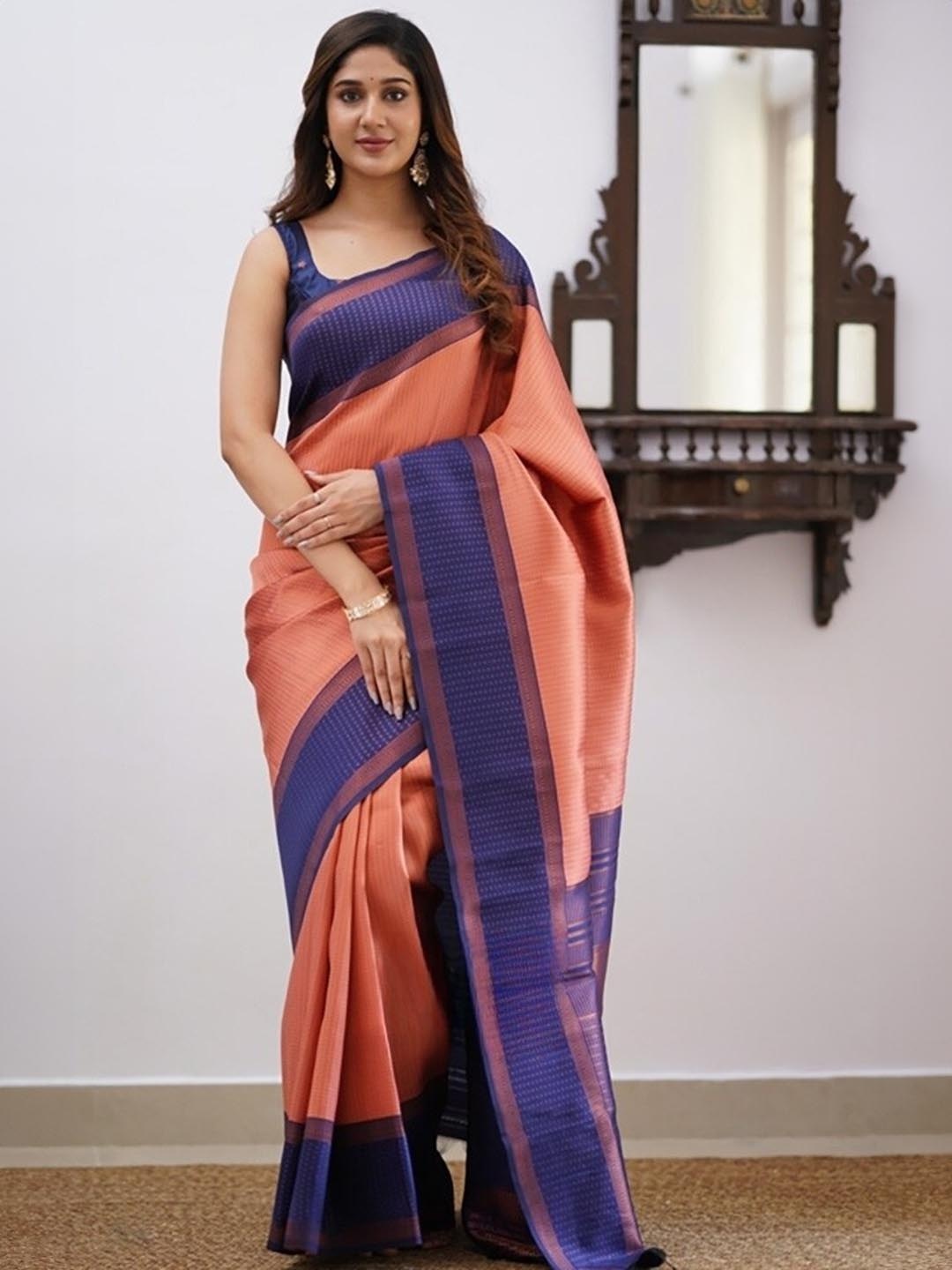 

DIVASTRI Geometric Woven Design Kanjeevaram Pure Silk Zari Saree, Orange