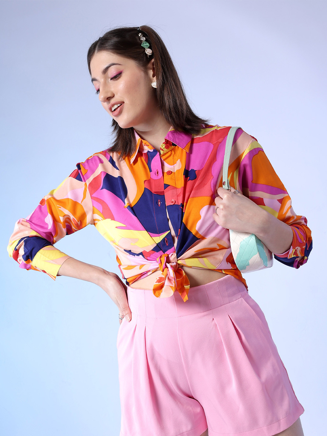 

Freehand by The Indian Garage Co Orange & Navy Blue Oversized Floral Printed Casual Shirt