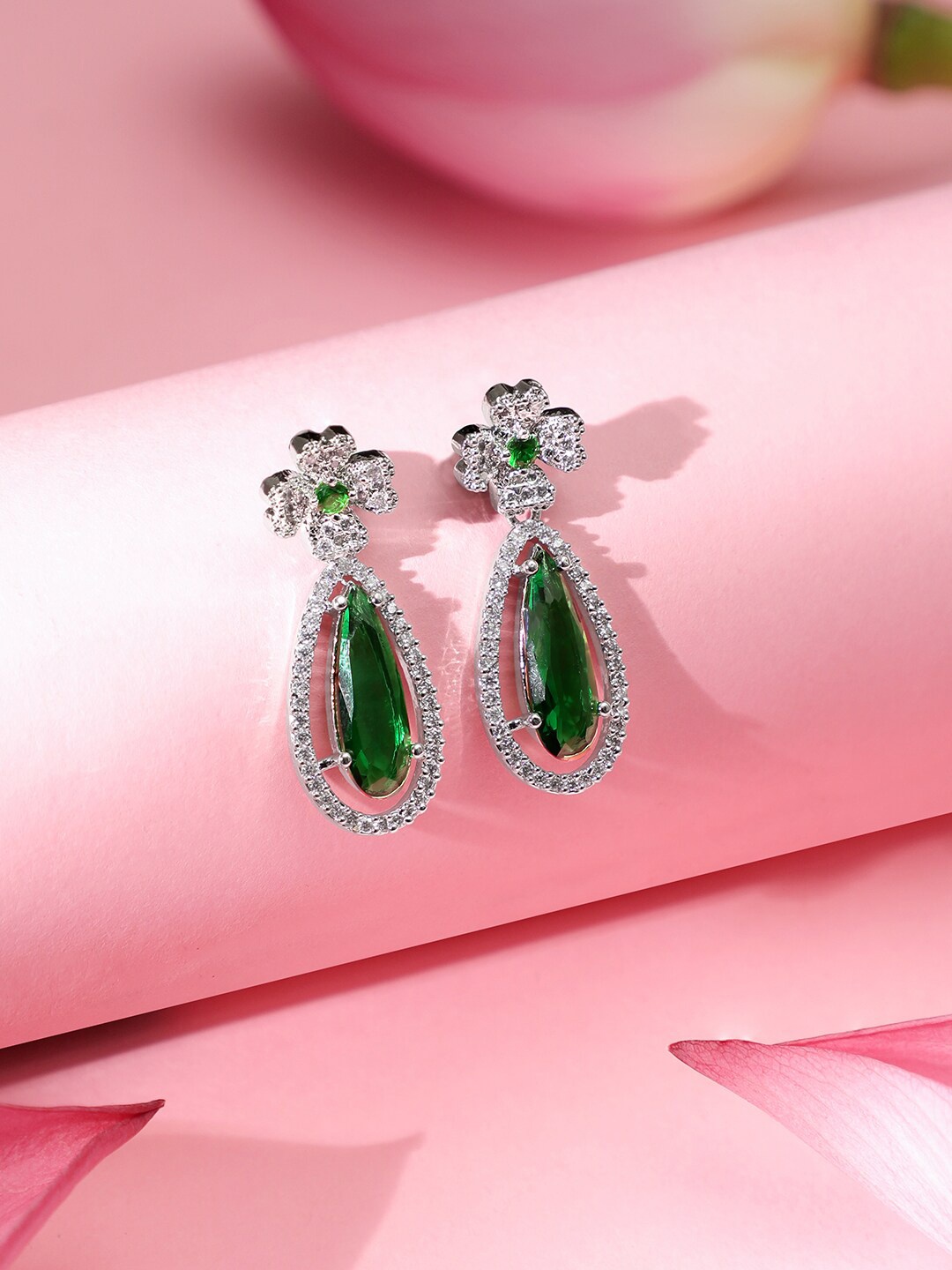 

Rubans Rhodium Plated Cubic Zirconia-Studded Drop Earrings, Silver