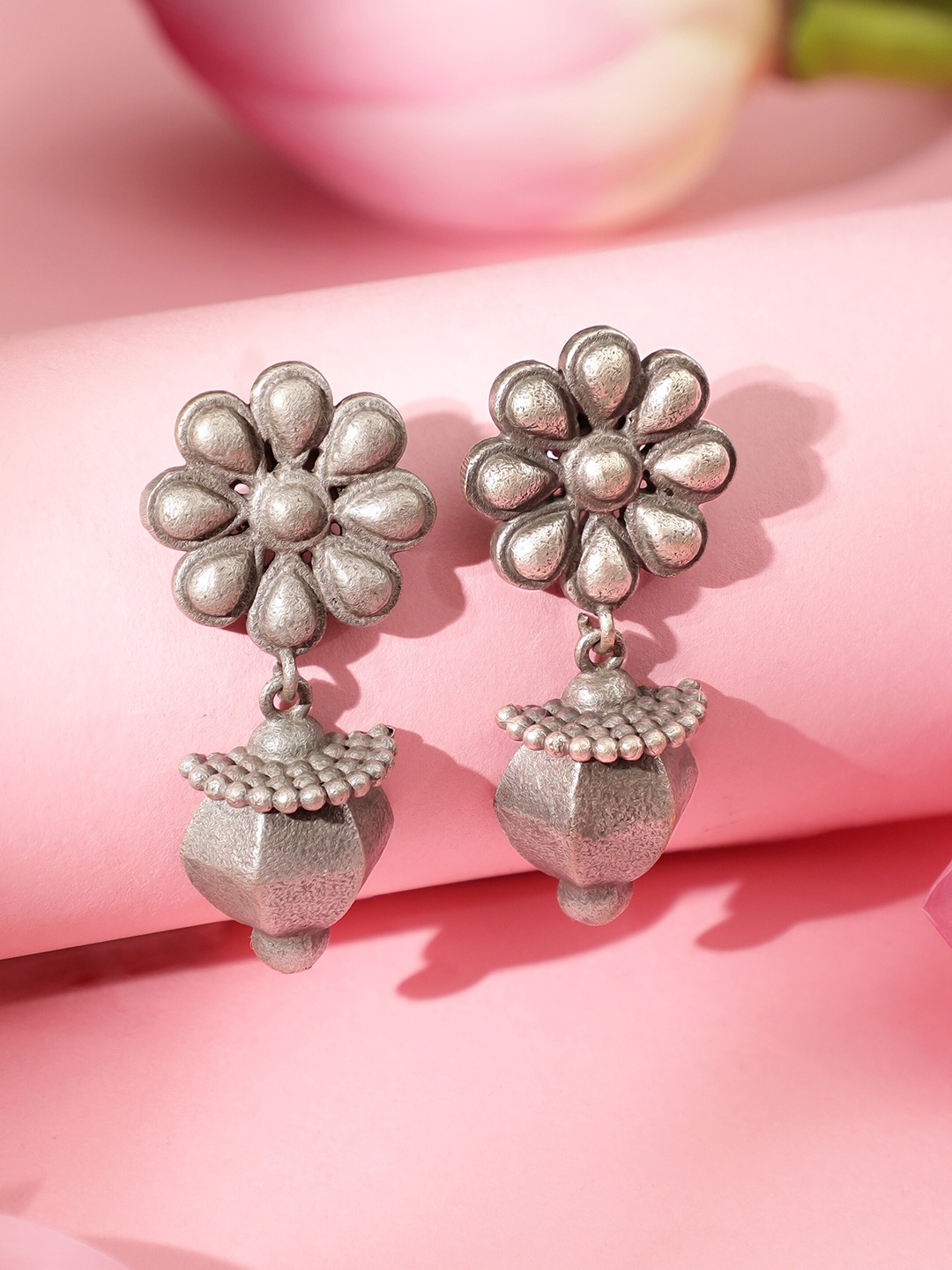 

Rubans Silver-Plated Oxidized Floral Drop Earrings