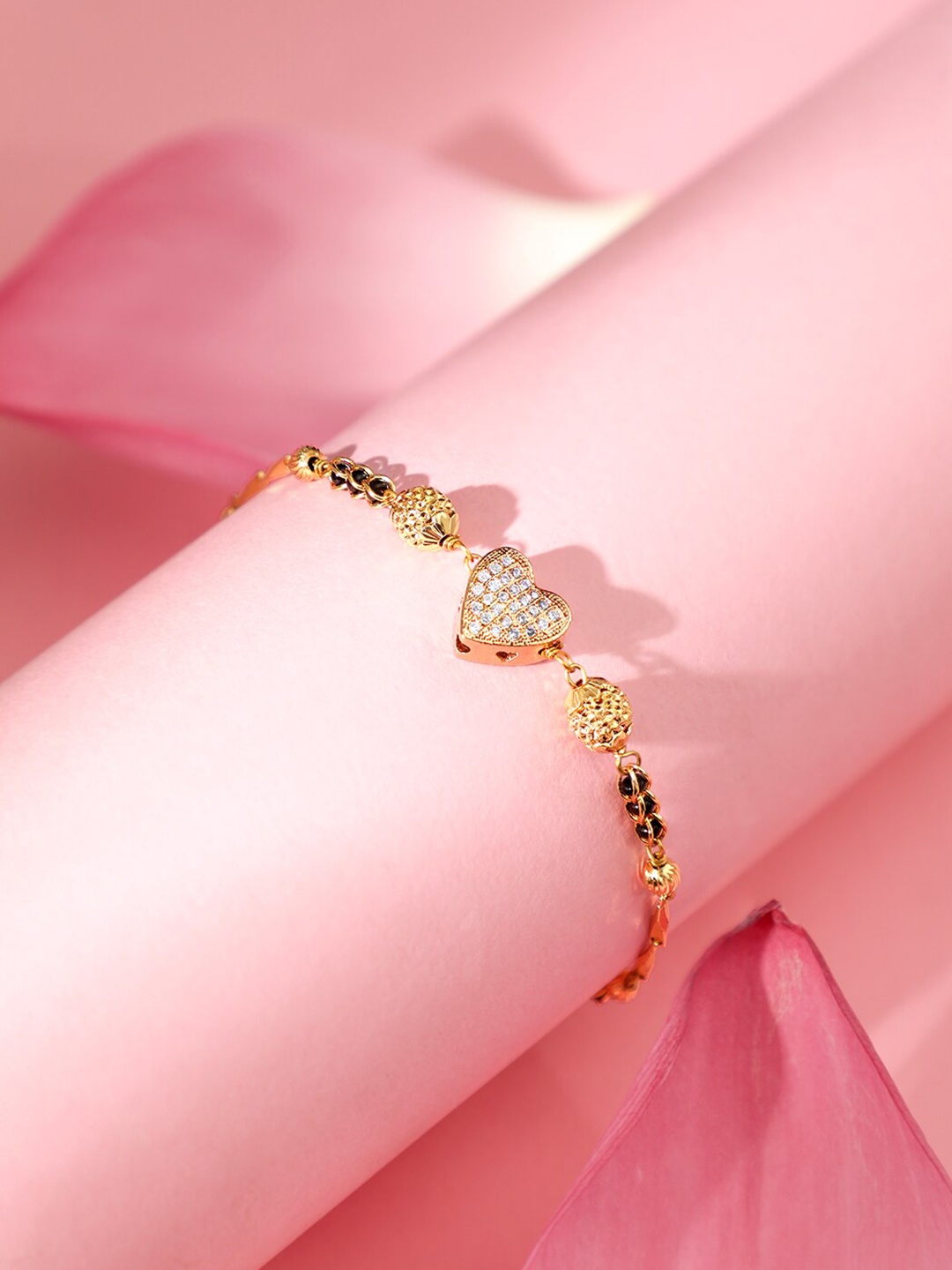 

Rubans 18KT Gold Plated Beaded Heart Shaped Link Mangalsutra Bracelet
