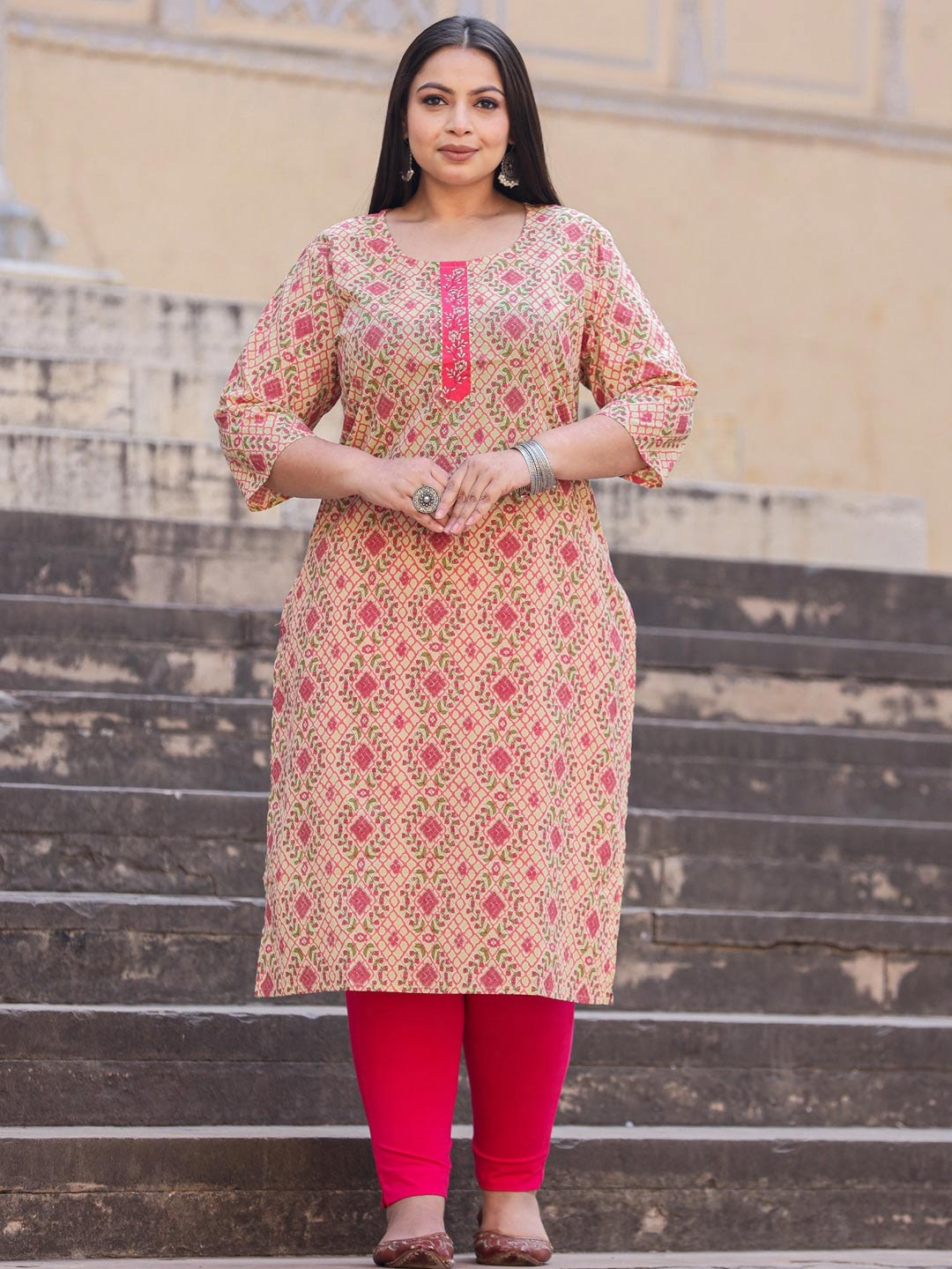 

Readiprint Floral Printed Thread Work Calf Length Straight Floral Kurta, Beige