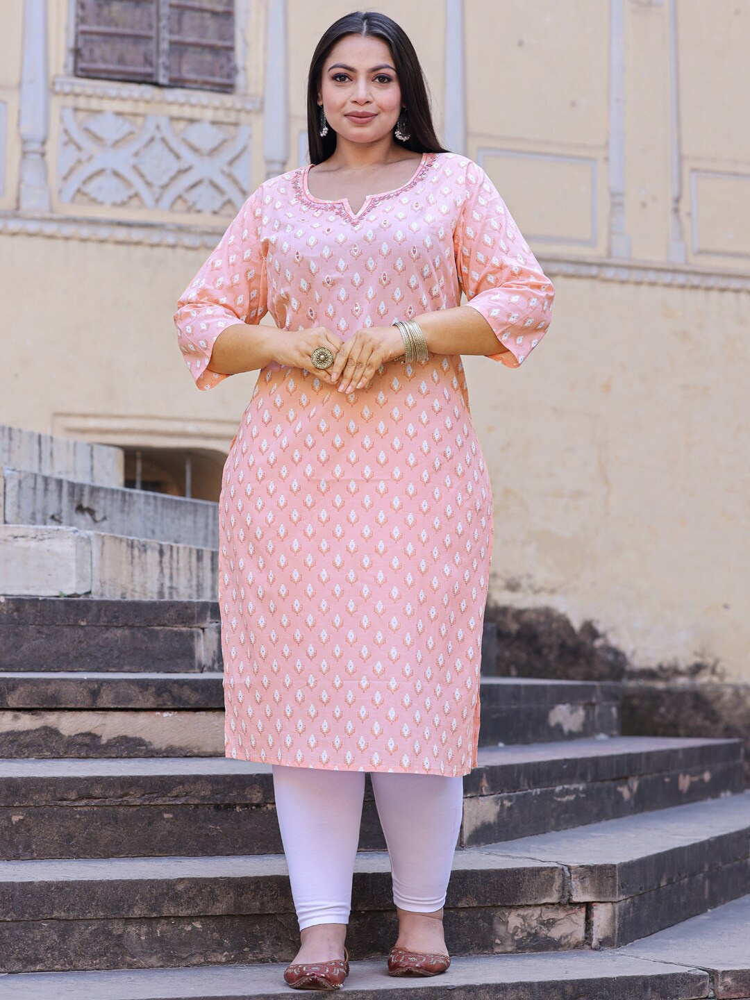 

Readiprint Fashions Plus Size Mirror Work Embroidered Floral Printed Straight Kurta, Peach