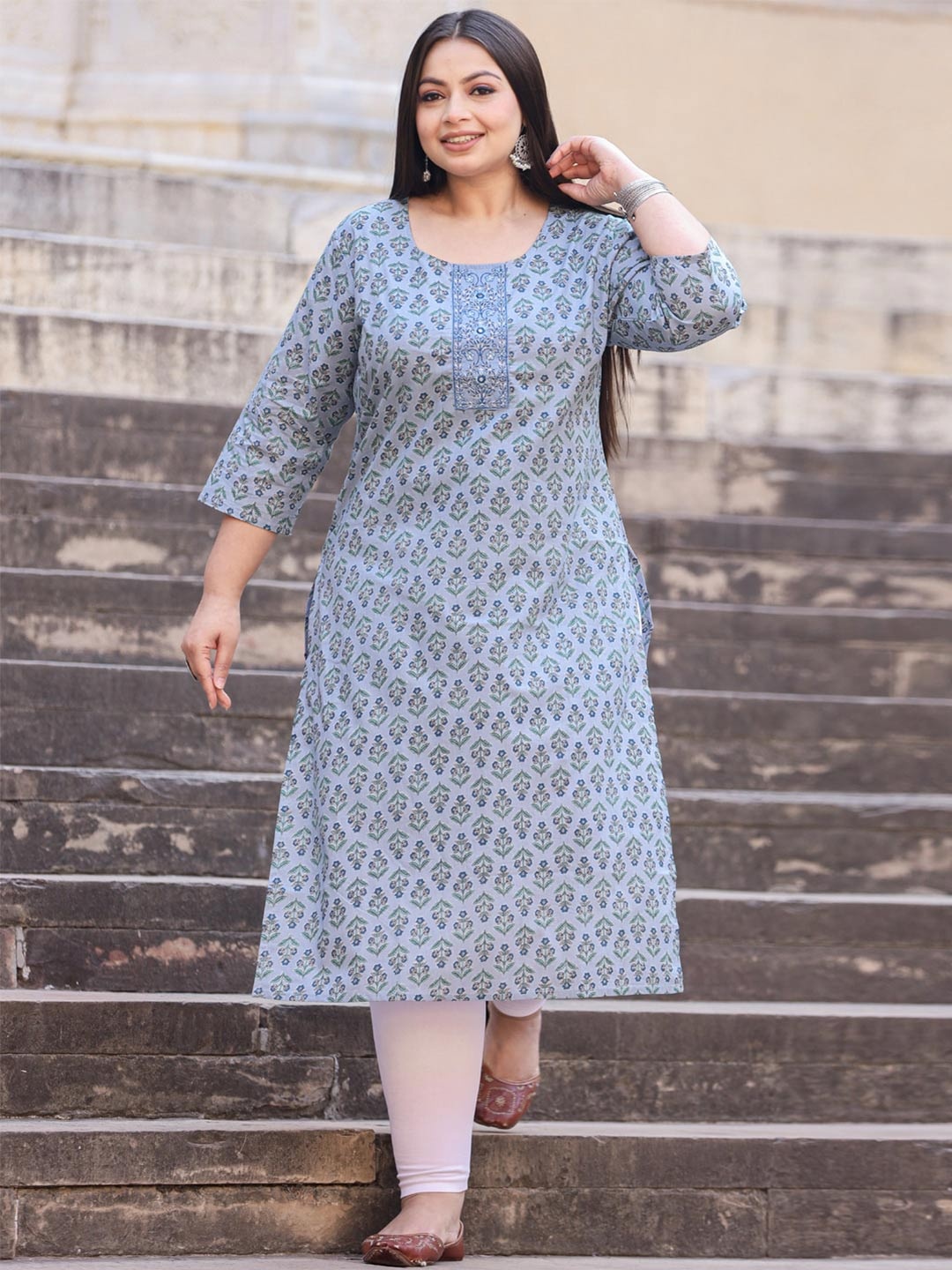 

Readiprint Fashions Floral Printed Thread Work Calf Length Straight Floral Kurta, Blue