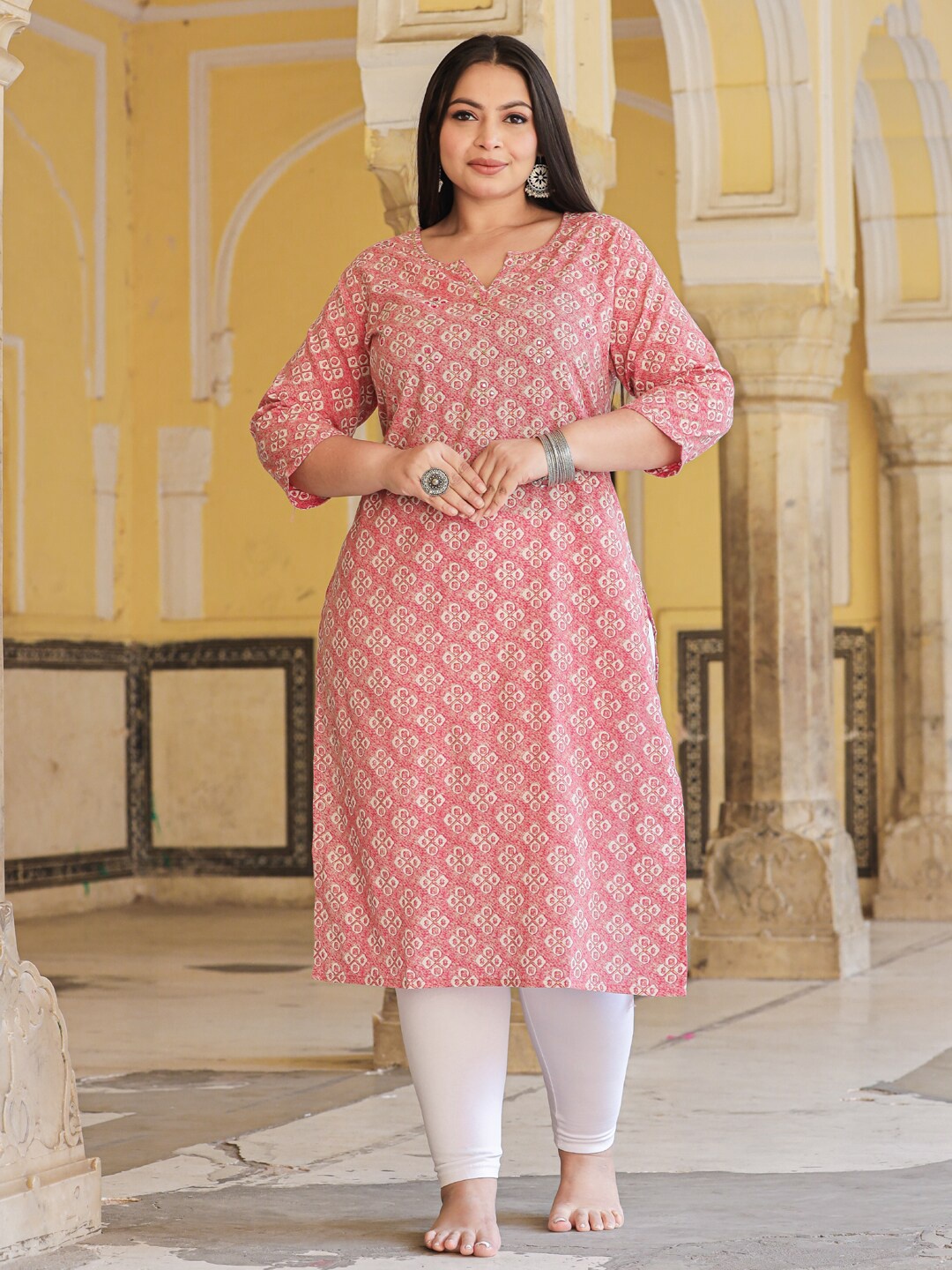 

Readiprint Fashions Plus Size Floral Printed Mirror Embroidered Straight Kurta, Magenta