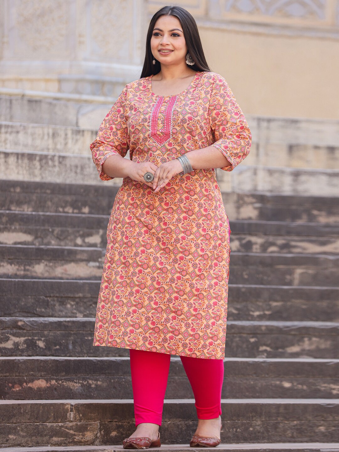 

Readiprint Fashions Plus Size Floral Printed Sequinned Cotton Straight Kurta, Pink