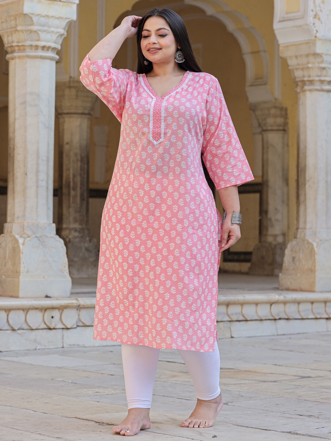 Readiprint Plus Size Floral Printed Thread Work Floral Strigth Kurta, Pink